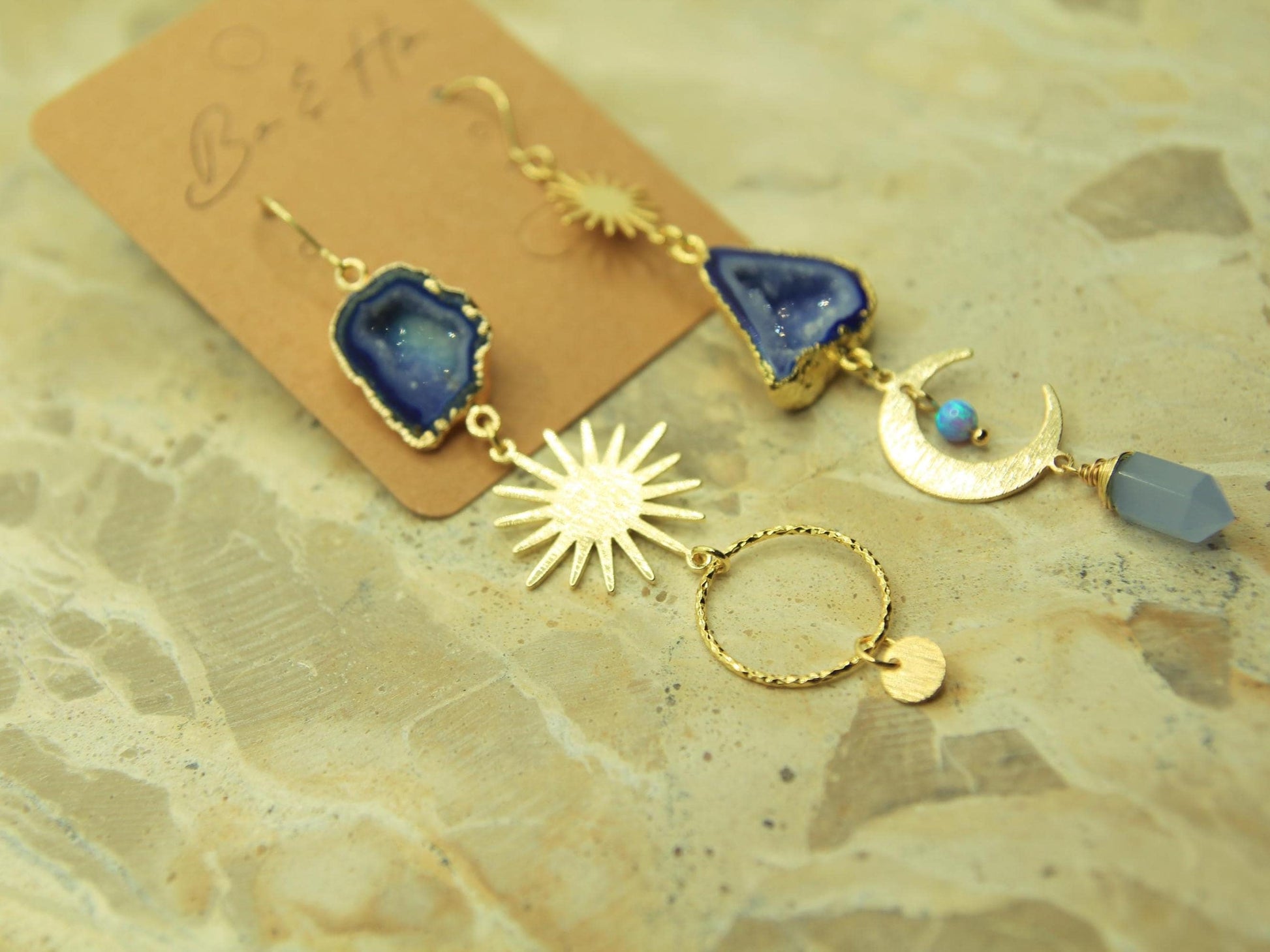 Asymmetric Blue Geode Crystal Sun and Moon Earrings with Opal