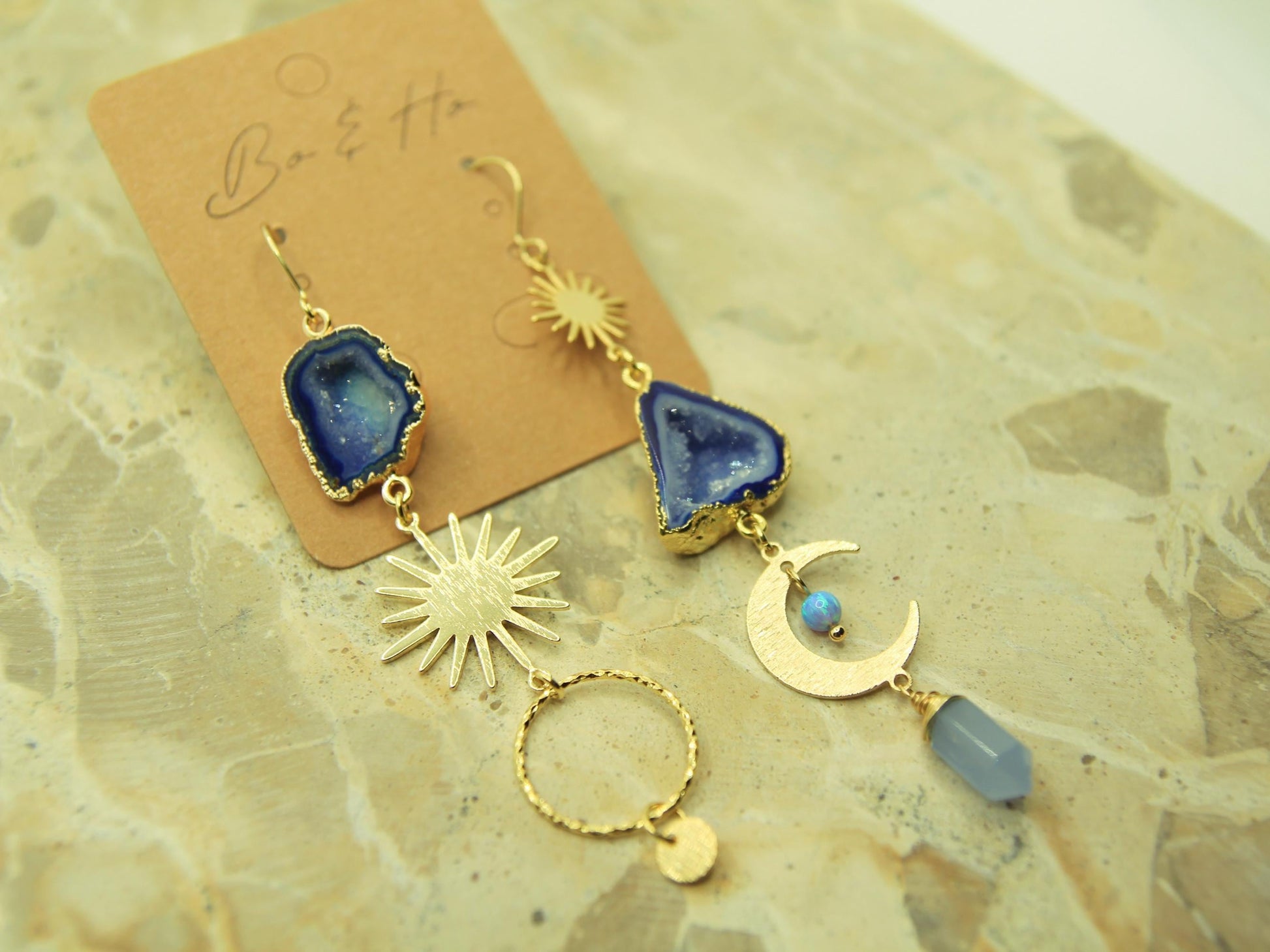 Asymmetric Blue Geode Crystal Sun and Moon Earrings with Opal