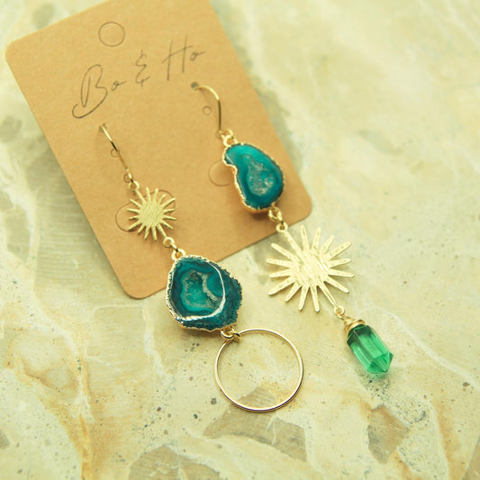 Celestial Asymmetrical Geode Earrings | Teal Green Druzy Crystal | Gold Plated Statement Earrings