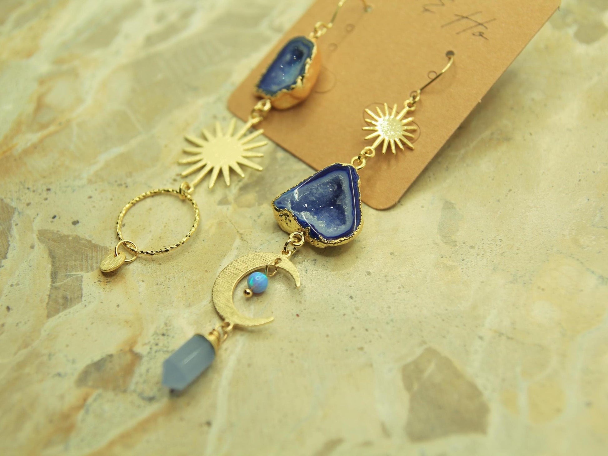 Asymmetric Blue Geode Crystal Sun and Moon Earrings with Opal