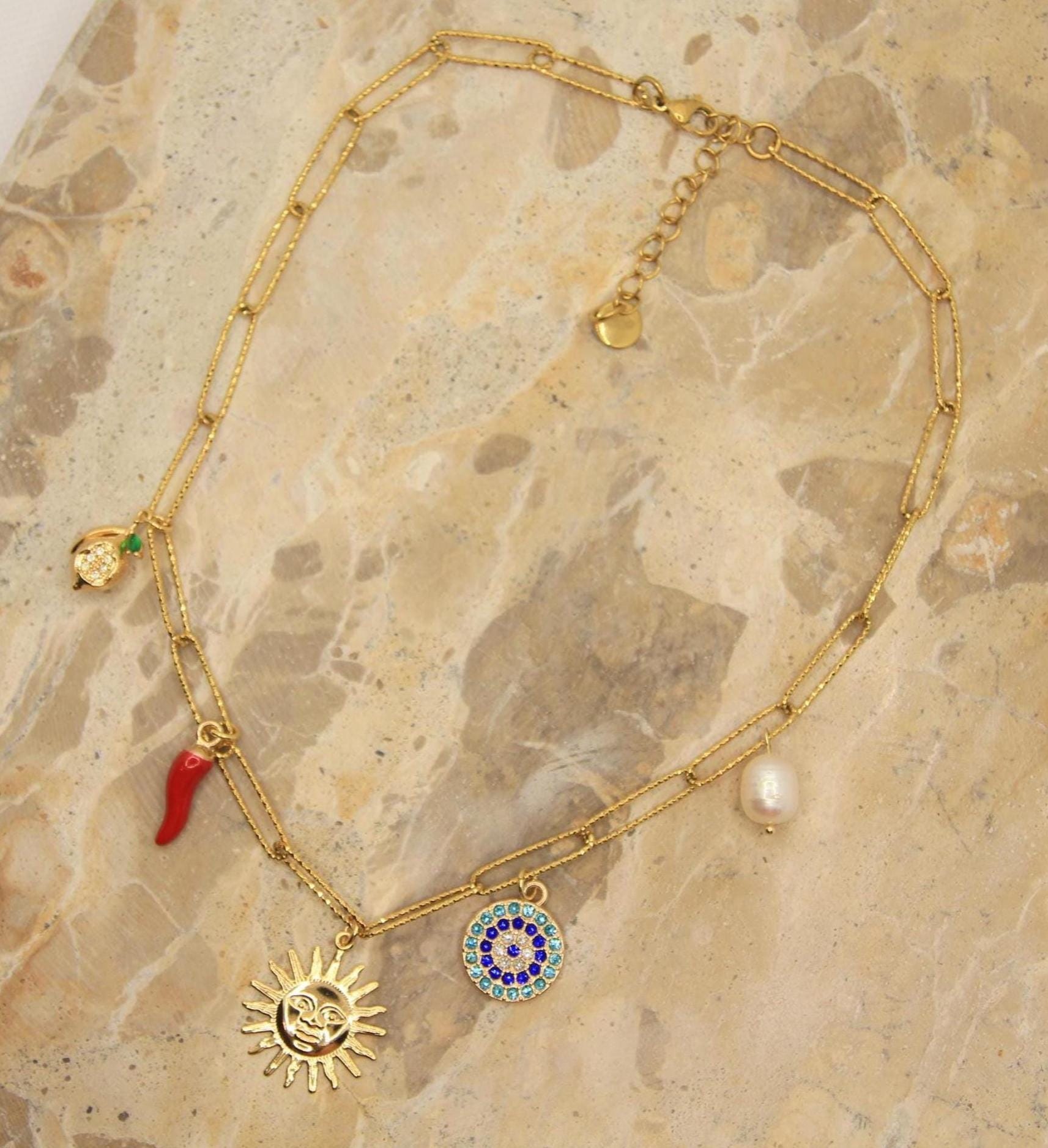 Gold Chunky Charm Sun Necklace with Eye, Pearl, Chilli, Pearl