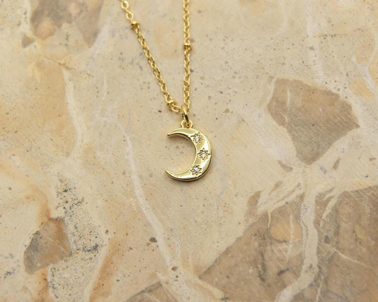 Handmade Moon Necklace | Gold Plated Crescent Moon | CZ Crystal Pendant | Dainty Chain | Celestial Jewellery