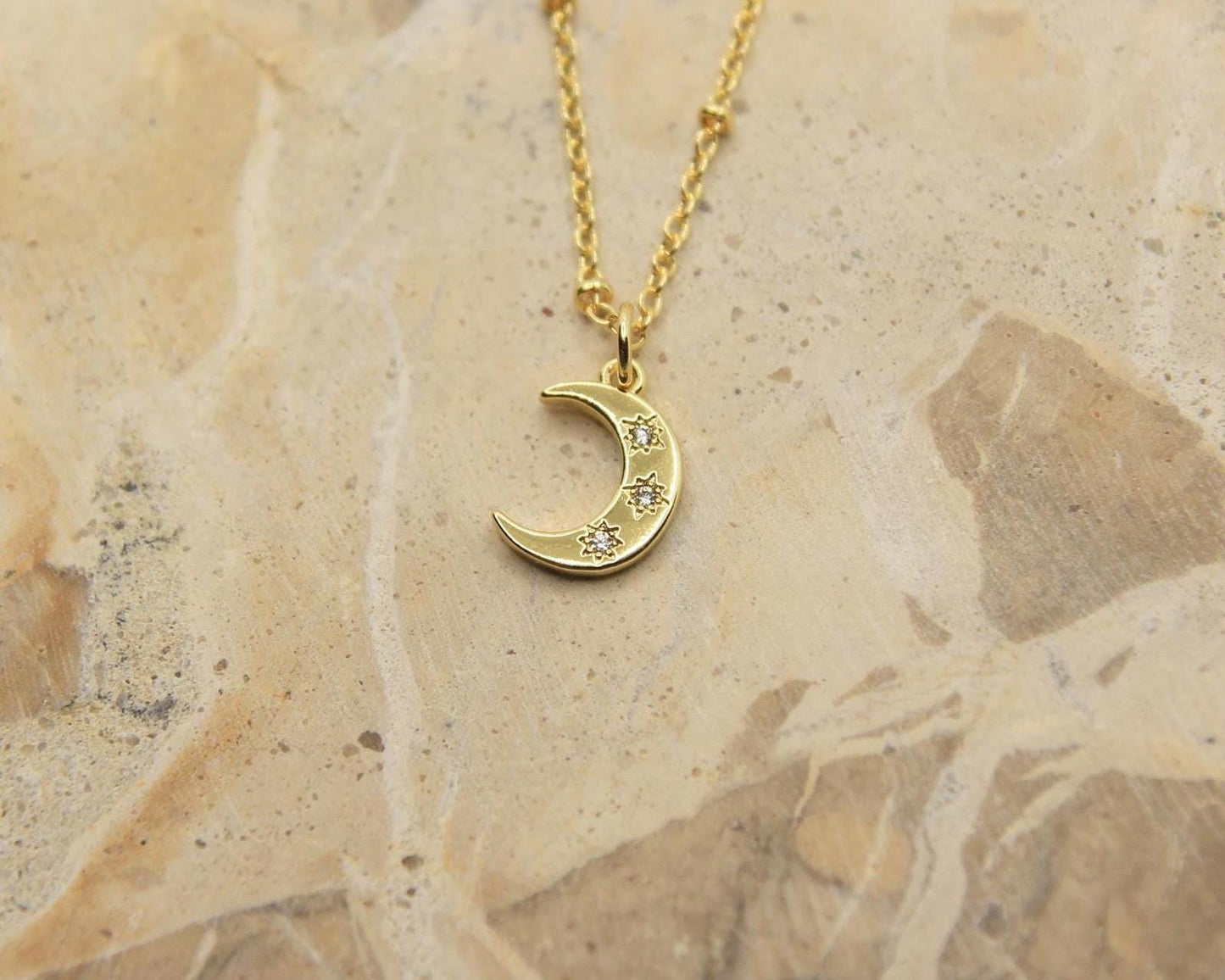 Handmade Moon Necklace | Gold Plated Crescent Moon | CZ Crystal Pendant | Dainty Chain | Celestial Jewellery