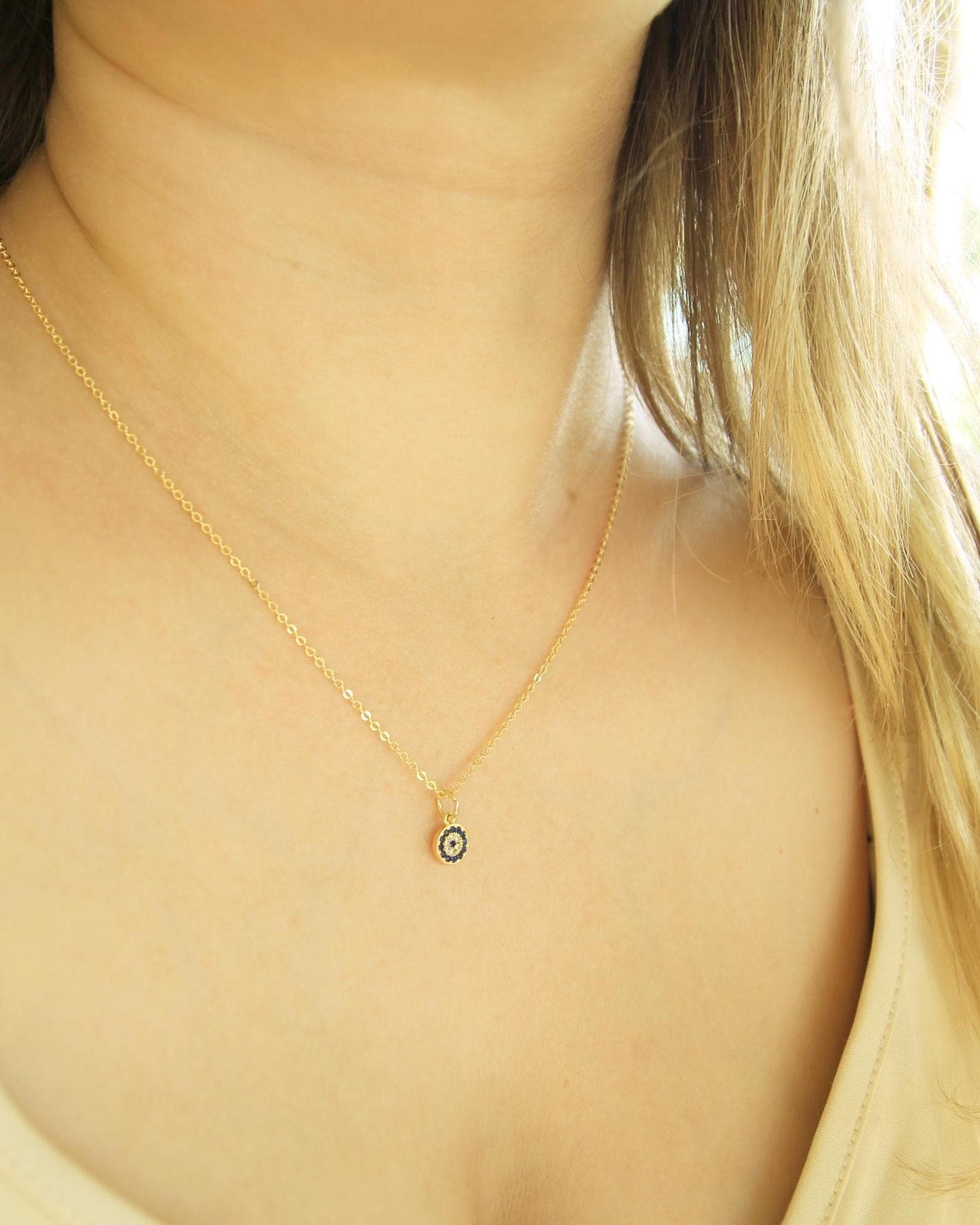 Handmade Evil Eye Necklace | Blue Cubic Zirconia CZ | Gold Dainty Chain | Protection Jewellery | Good Luck Gift
