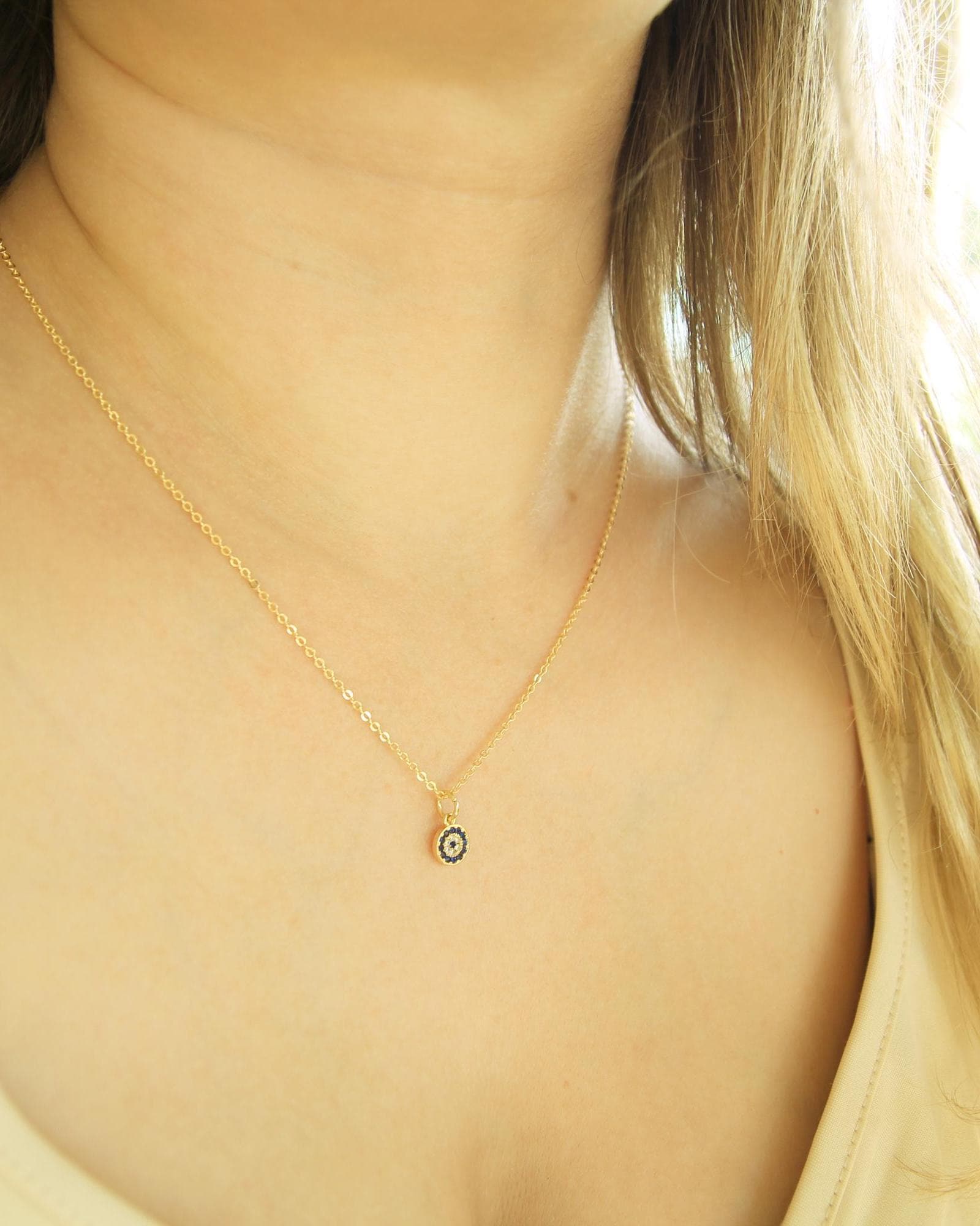 Handmade Evil Eye Necklace | Blue Cubic Zirconia CZ | Gold Dainty Chain | Protection Jewellery | Good Luck Gift
