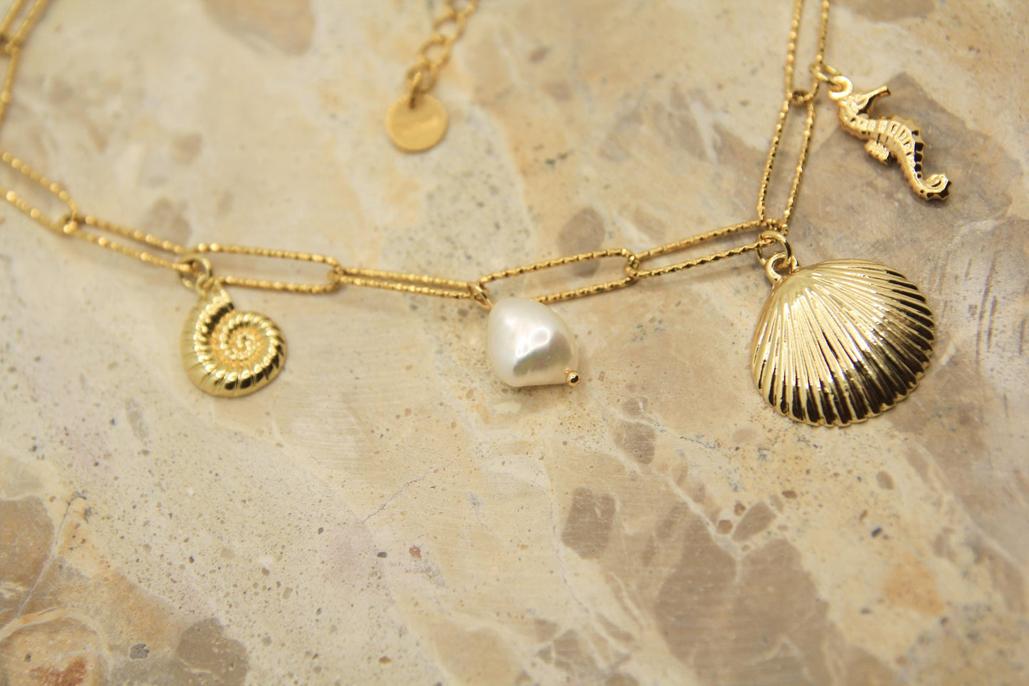 Shell Charm Necklace | Gold Plated Seashell Pearl Seahorse | Beach Jewellery | Ocean Lover Gift