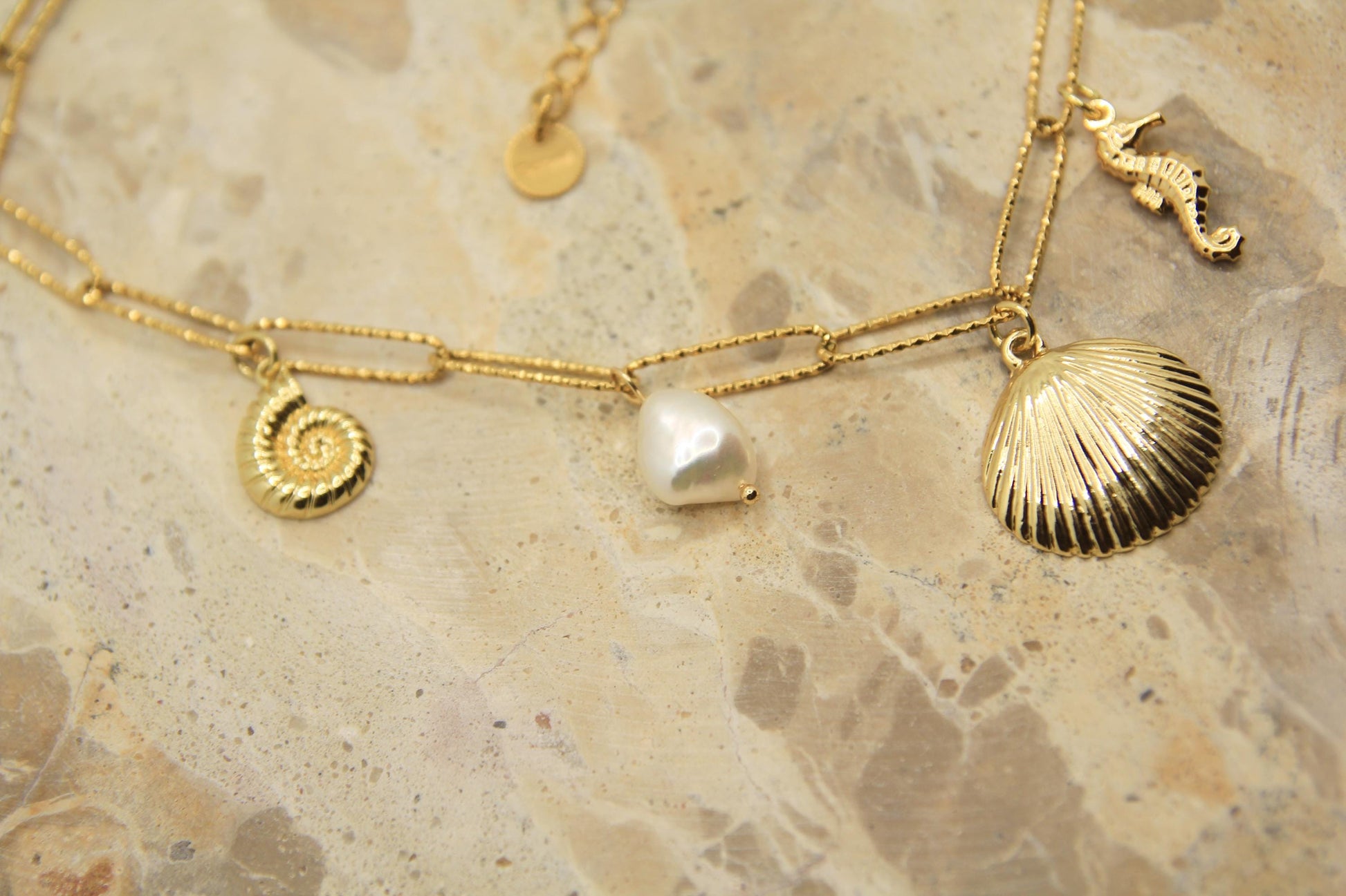 Shell Charm Necklace | Gold Plated Seashell Pearl Seahorse | Beach Jewellery | Ocean Lover Gift