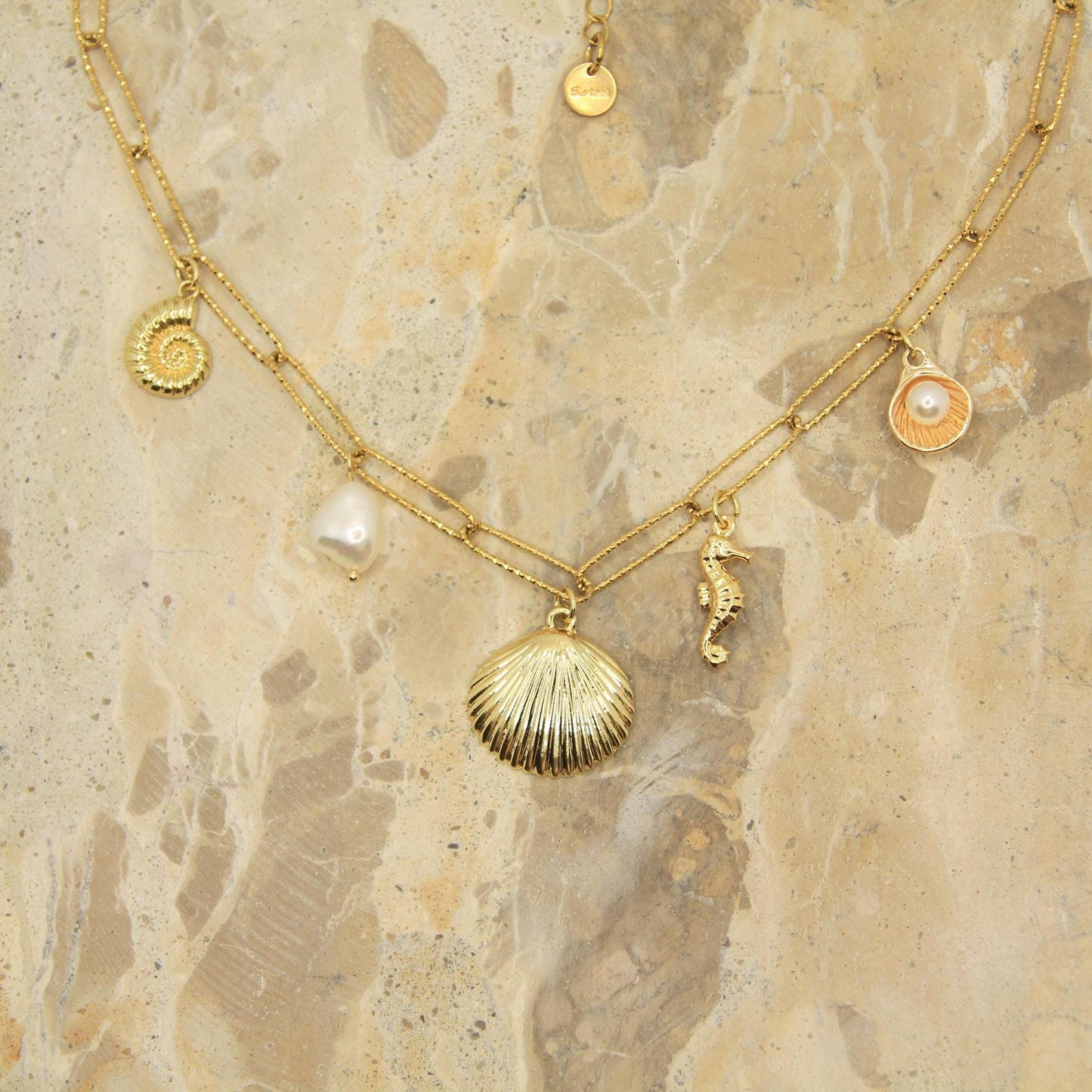 Shell Charm Necklace | Gold Plated Seashell Pearl Seahorse | Beach Jewellery | Ocean Lover Gift
