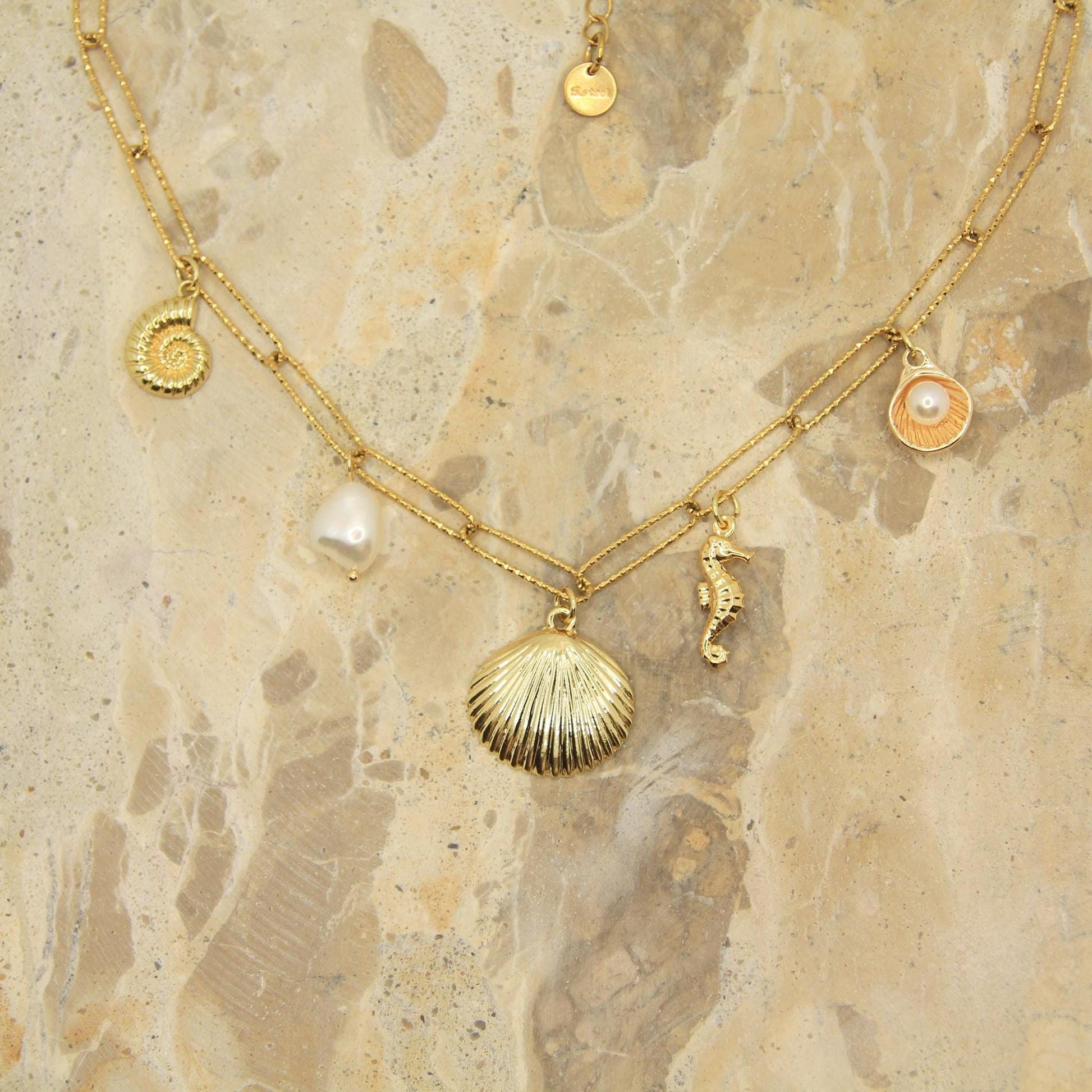 Shell Charm Necklace | Gold Plated Seashell Pearl Seahorse | Beach Jewellery | Ocean Lover Gift