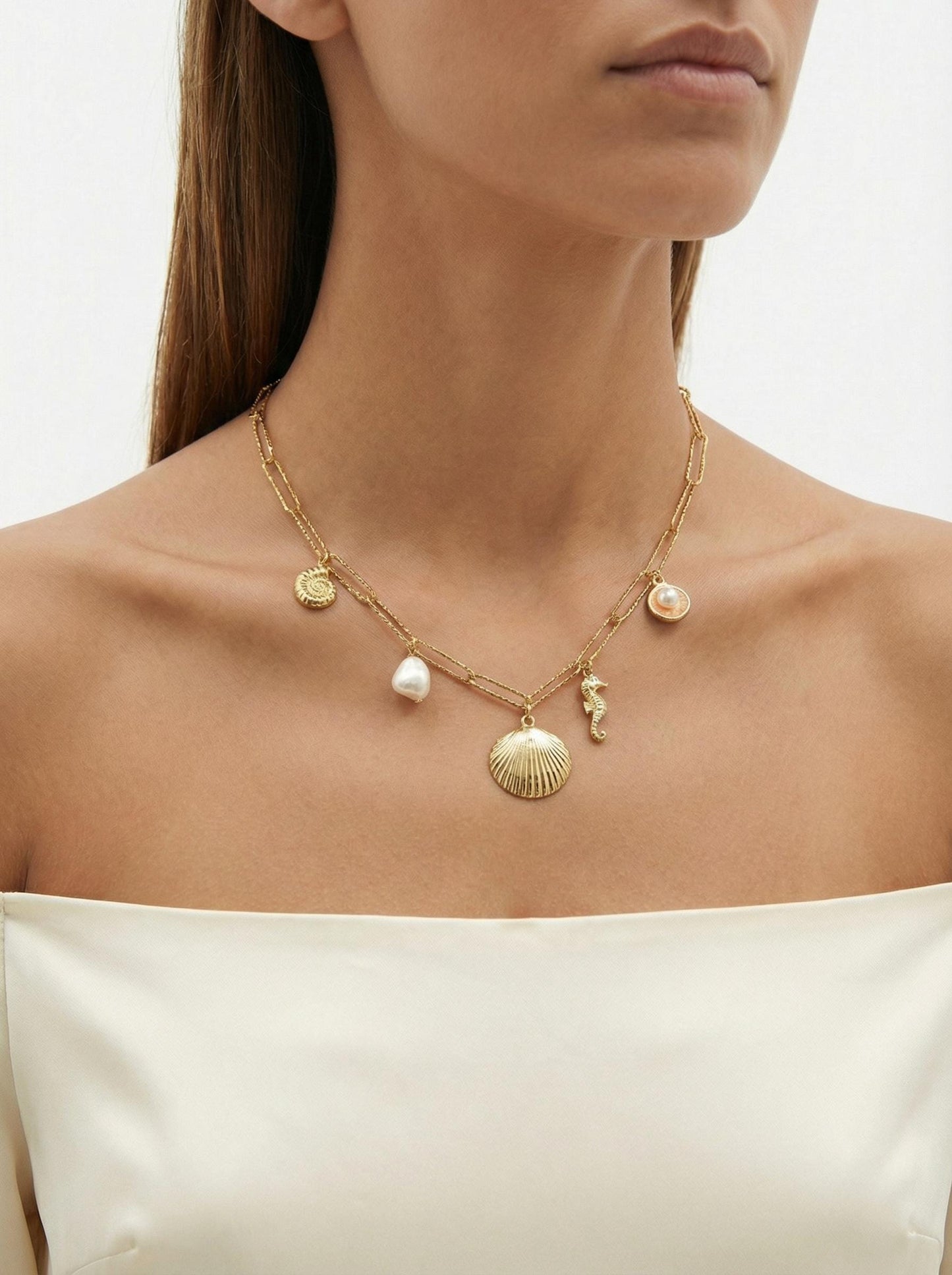 Shell Charm Necklace | Gold Plated Seashell Pearl Seahorse | Beach Jewellery | Ocean Lover Gift