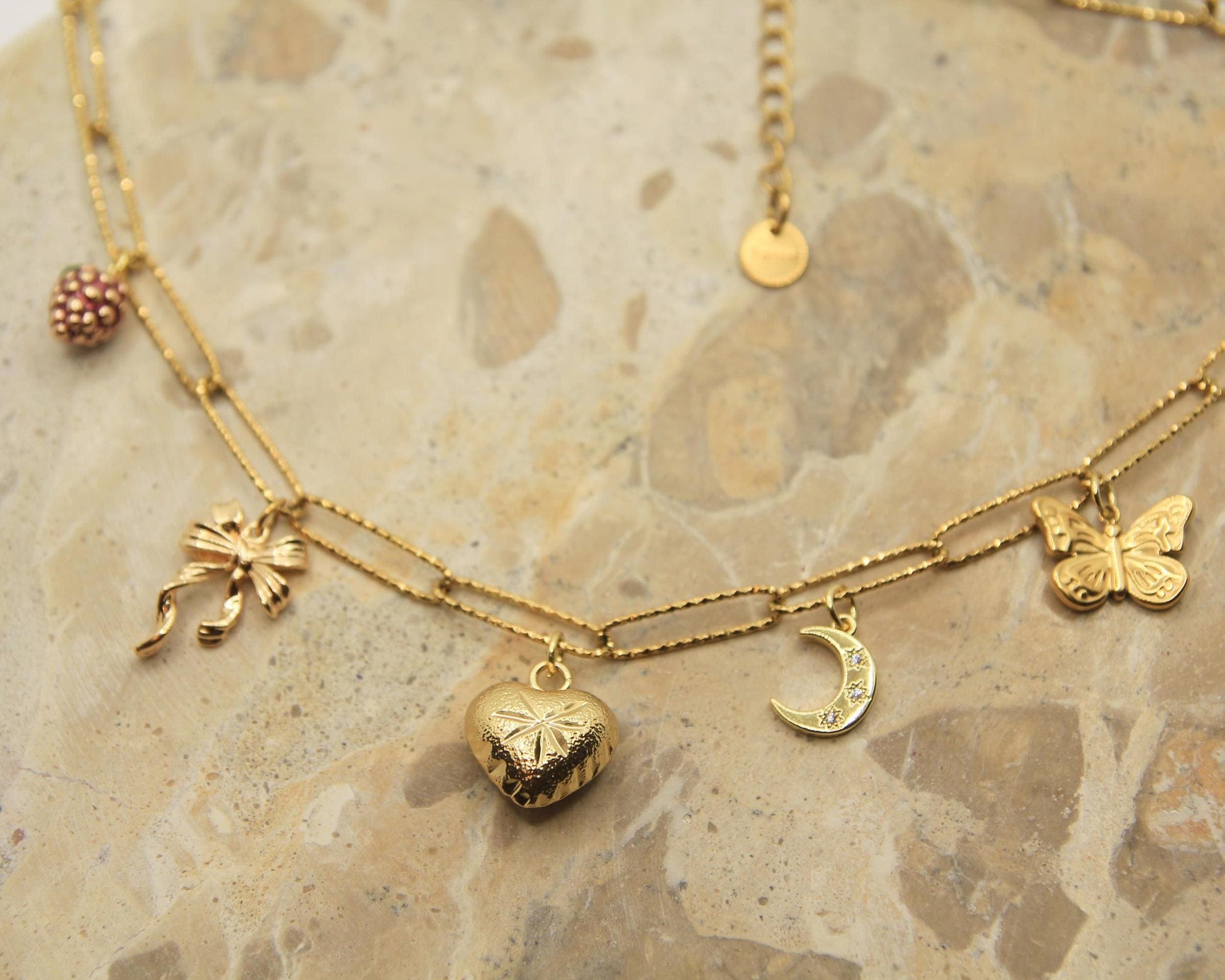 Charm Necklace | Gold Plated | Berry Moon Ribbon Butterfly Heart | Whimsical Vintage Jewellery