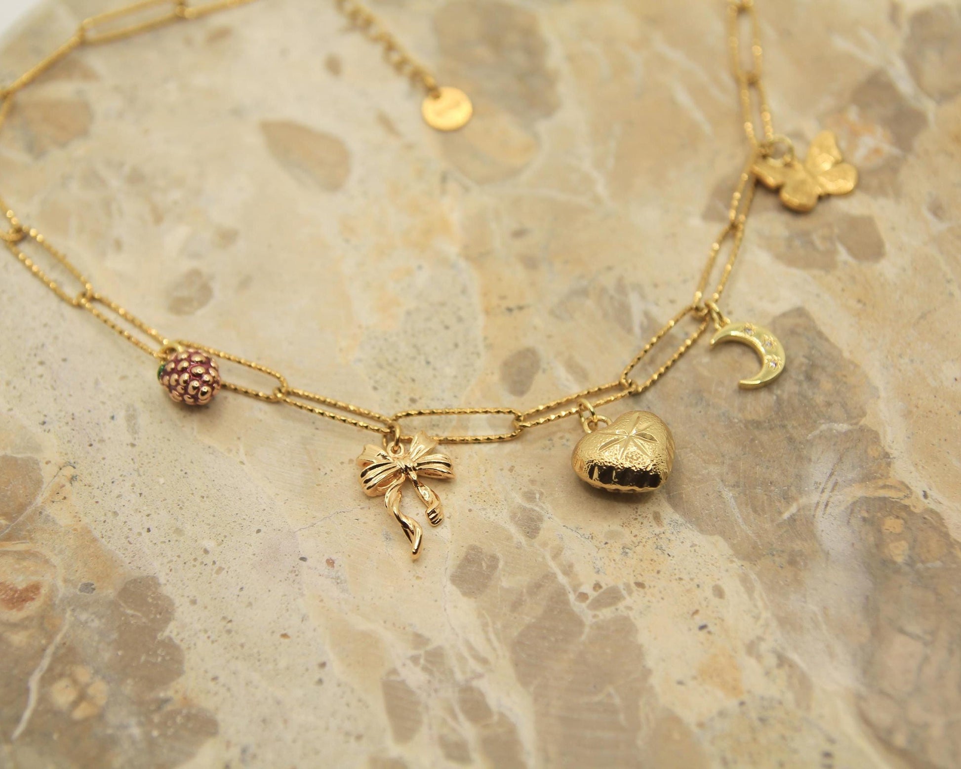 Charm Necklace | Gold Plated | Berry Moon Ribbon Butterfly Heart | Whimsical Vintage Jewellery