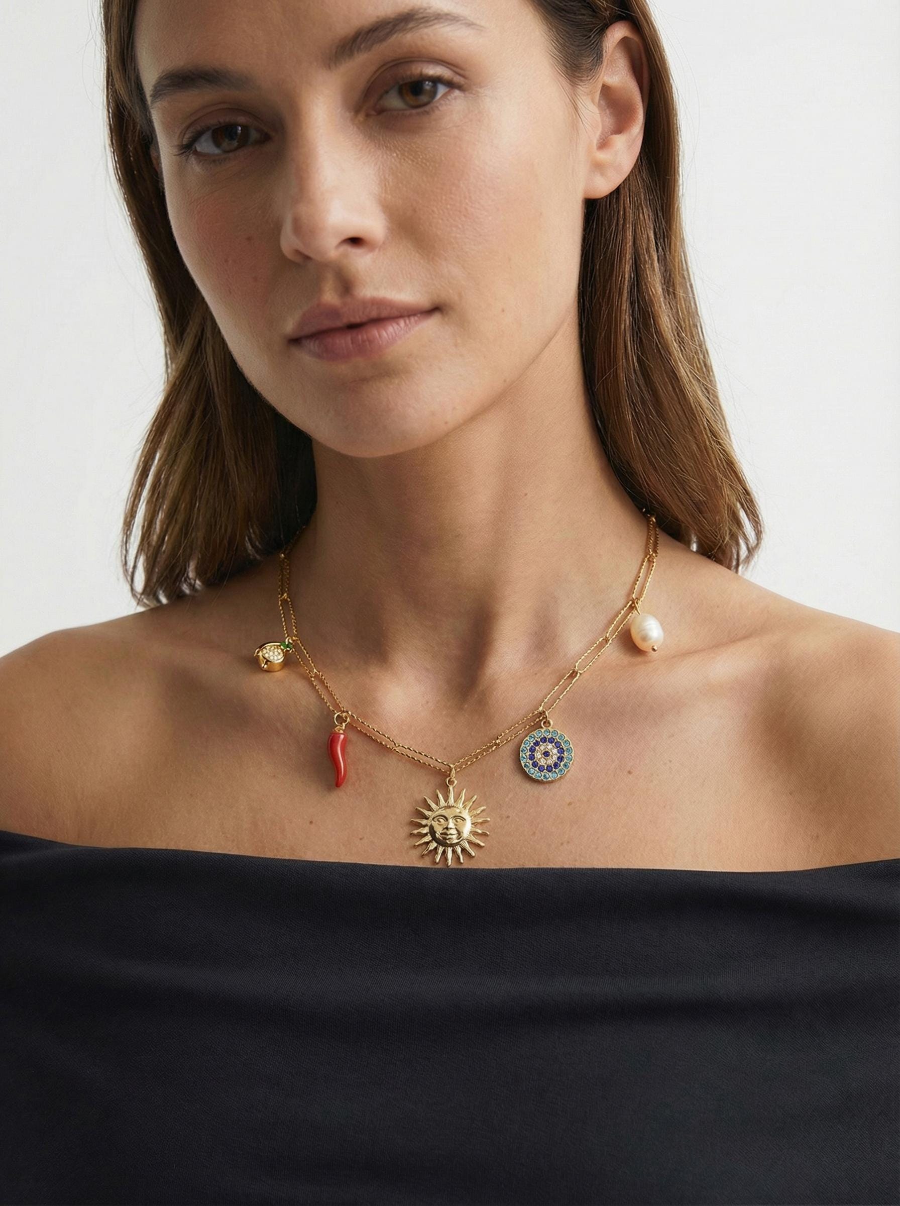 Gold Chunky Charm Sun Necklace with Eye, Pearl, Chilli, Pearl