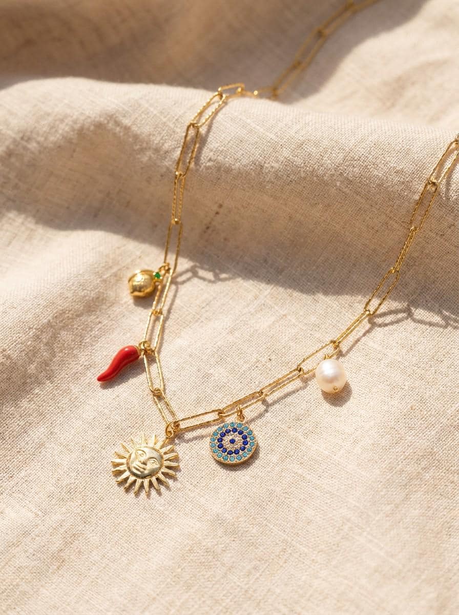 Gold Chunky Charm Sun Necklace with Eye, Pearl, Chilli, Pearl