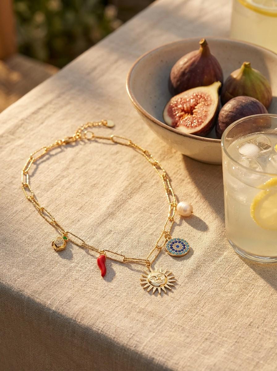 Gold Chunky Charm Sun Necklace with Eye, Pearl, Chilli, Pearl