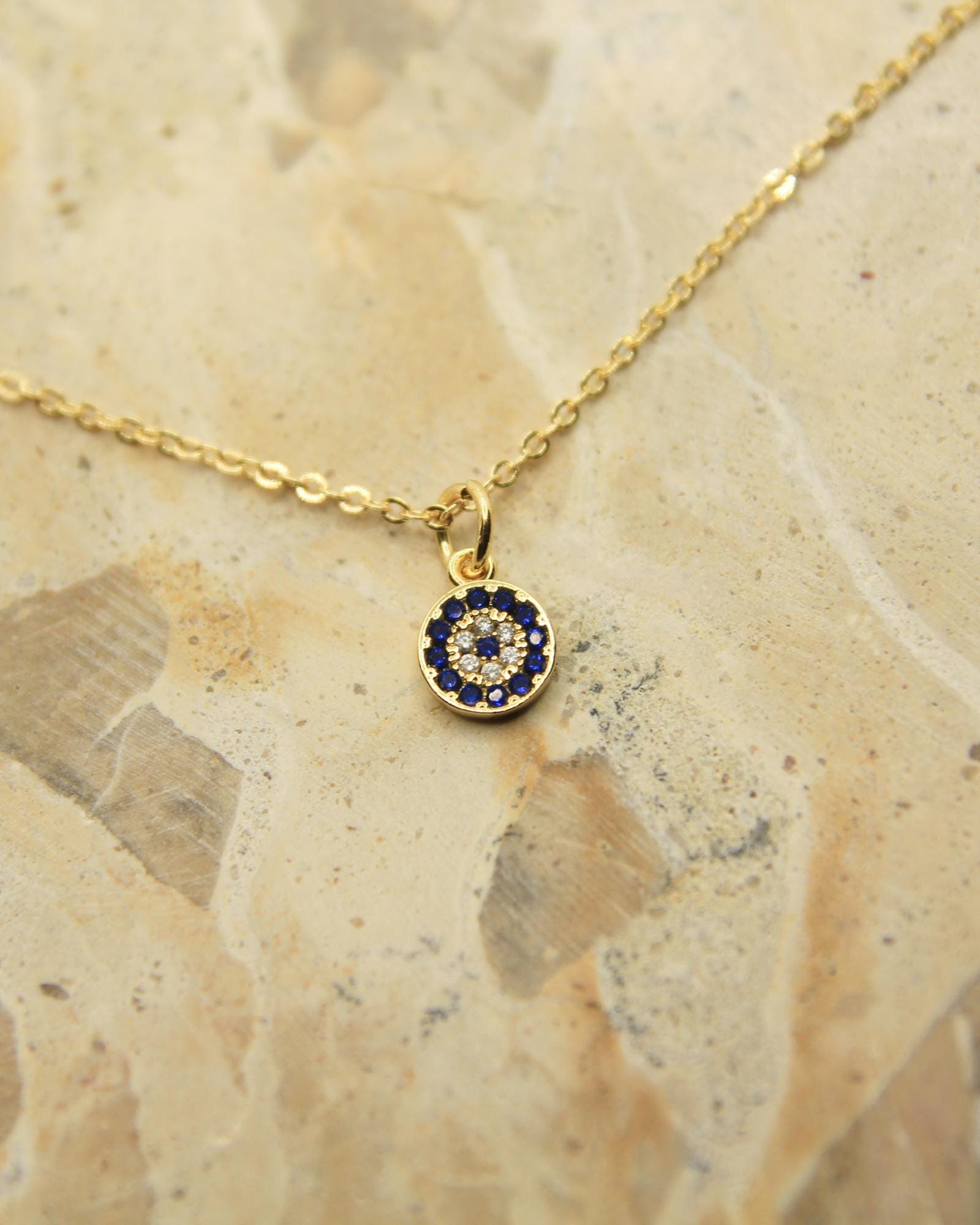 Handmade Evil Eye Necklace | Blue Cubic Zirconia CZ | Gold Dainty Chain | Protection Jewellery | Good Luck Gift