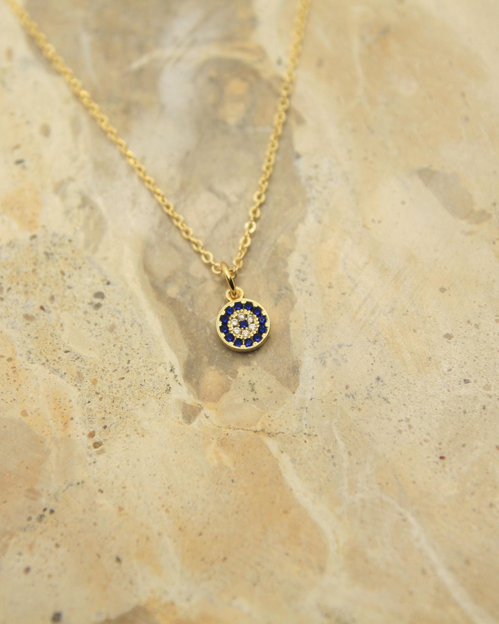 Handmade Evil Eye Necklace | Blue Cubic Zirconia CZ | Gold Dainty Chain | Protection Jewellery | Good Luck Gift