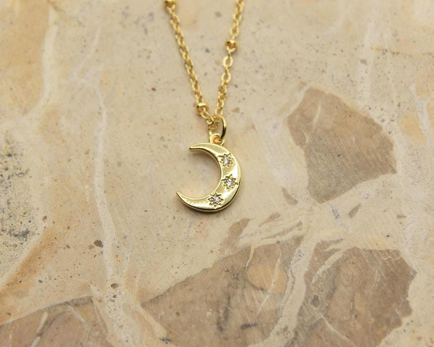 Handmade Moon Necklace | Gold Plated Crescent Moon | CZ Crystal Pendant | Dainty Chain | Celestial Jewellery