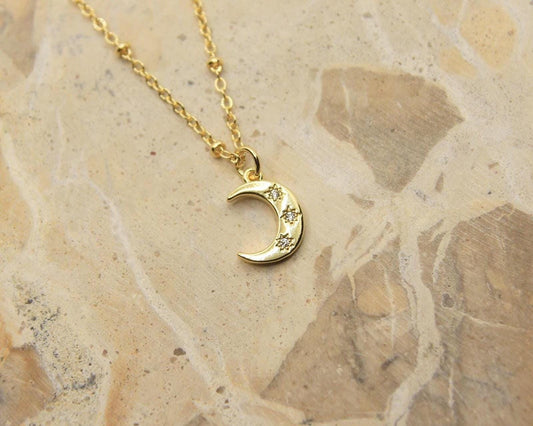 Handmade Moon Necklace | Gold Plated Crescent Moon | CZ Crystal Pendant | Dainty Chain | Celestial Jewellery