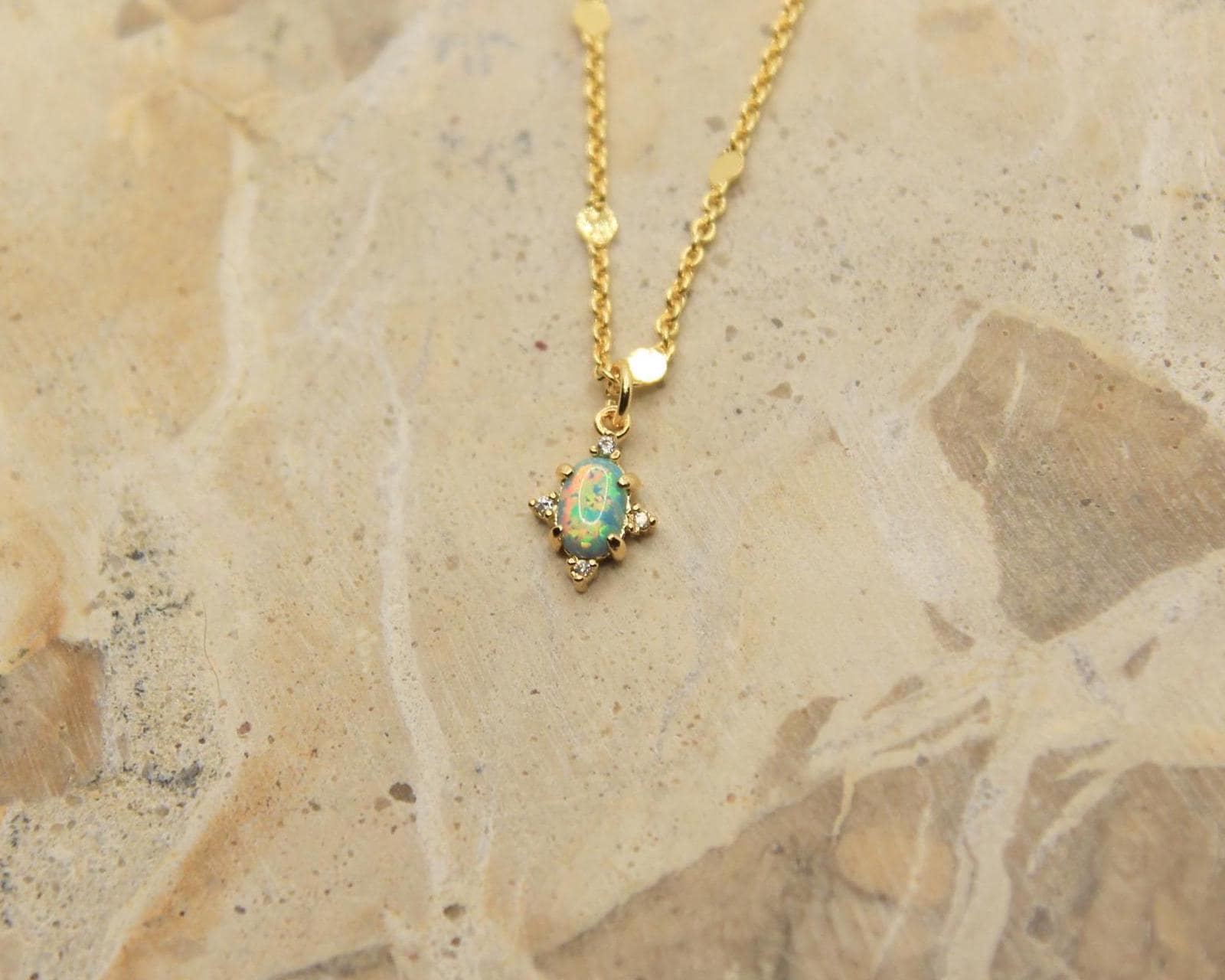 Handmade Opal Necklace | Cultured Opal Pendant | Gold Plated Dainty Chain | October Birthstone | Rainbow Opal Jewellery
