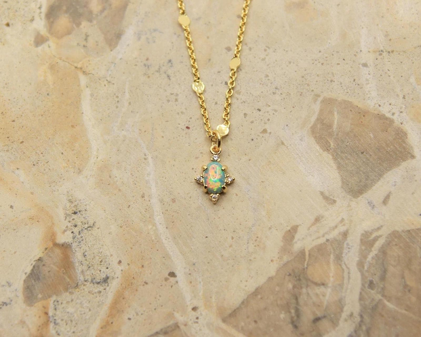 Handmade Opal Necklace | Cultured Opal Pendant | Gold Plated Dainty Chain | October Birthstone | Rainbow Opal Jewellery