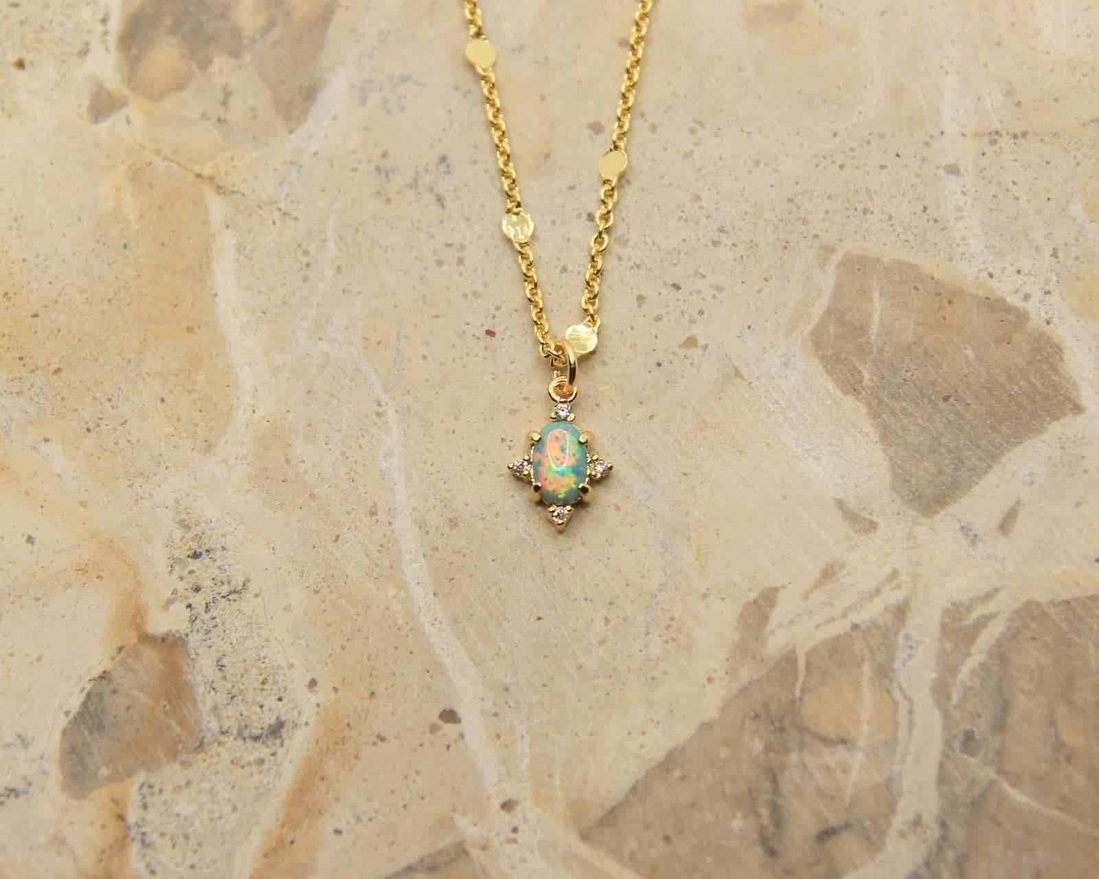Handmade Opal Necklace | Cultured Opal Pendant | Gold Plated Dainty Chain | October Birthstone | Rainbow Opal Jewellery