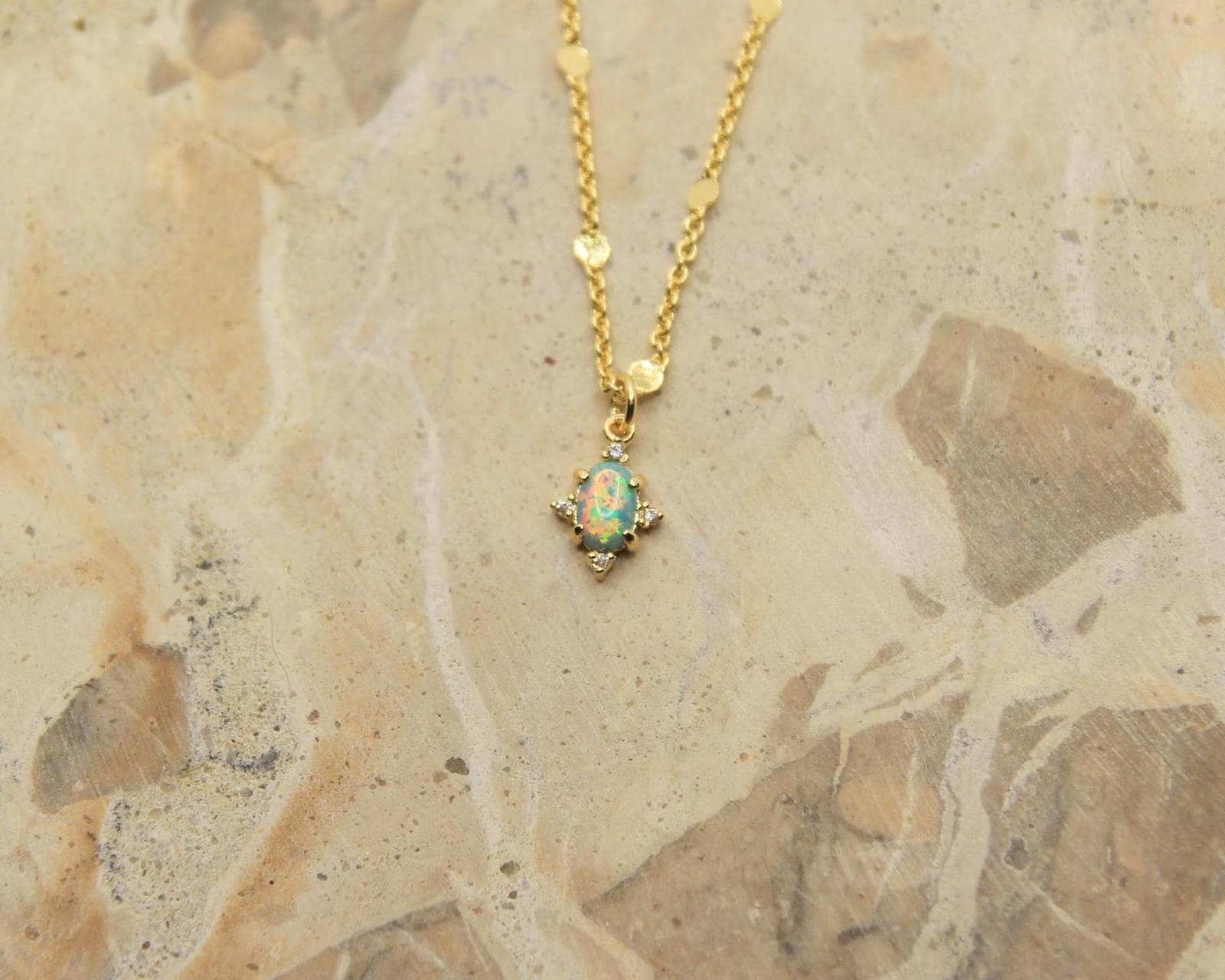Handmade Opal Necklace | Cultured Opal Pendant | Gold Plated Dainty Chain | October Birthstone | Rainbow Opal Jewellery