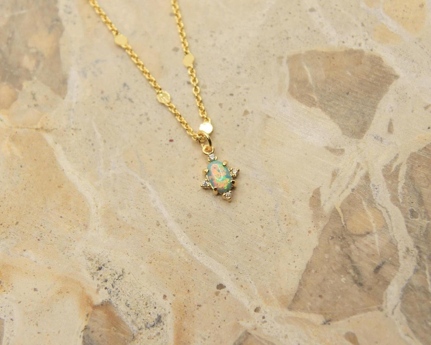 Handmade Opal Necklace | Cultured Opal Pendant | Gold Plated Dainty Chain | October Birthstone | Rainbow Opal Jewellery
