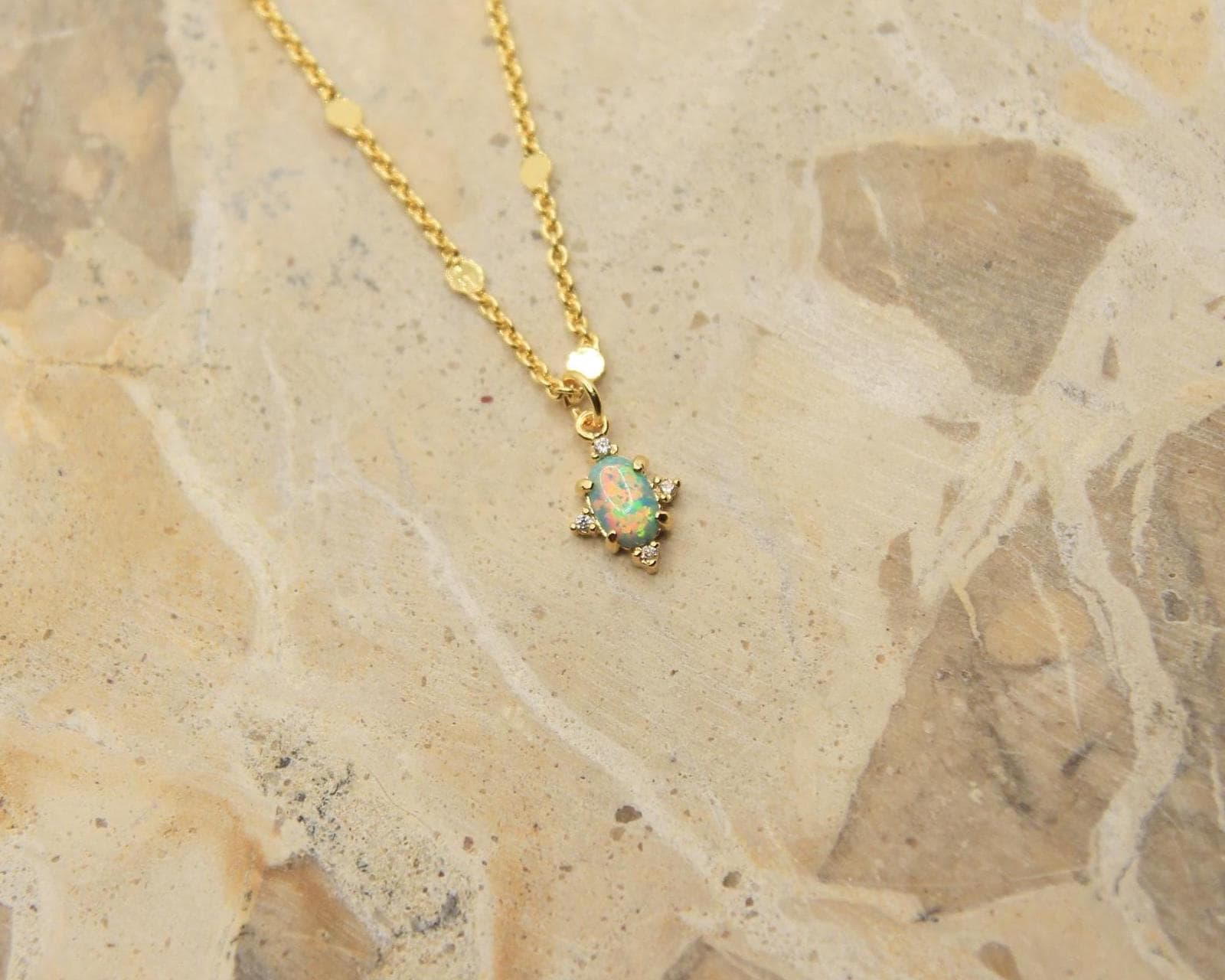 Handmade Opal Necklace | Cultured Opal Pendant | Gold Plated Dainty Chain | October Birthstone | Rainbow Opal Jewellery