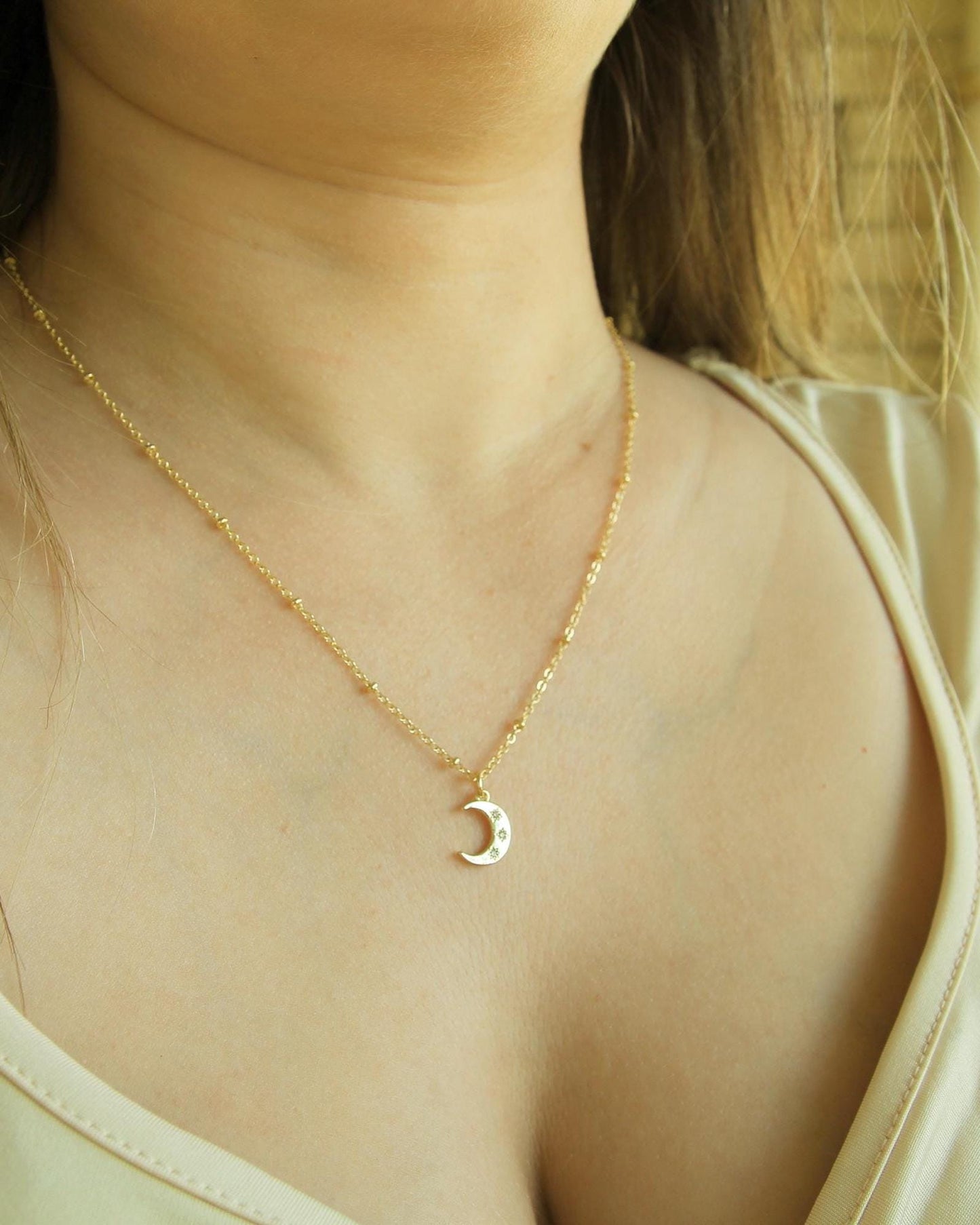 Handmade Moon Necklace | Gold Plated Crescent Moon | CZ Crystal Pendant | Dainty Chain | Celestial Jewellery