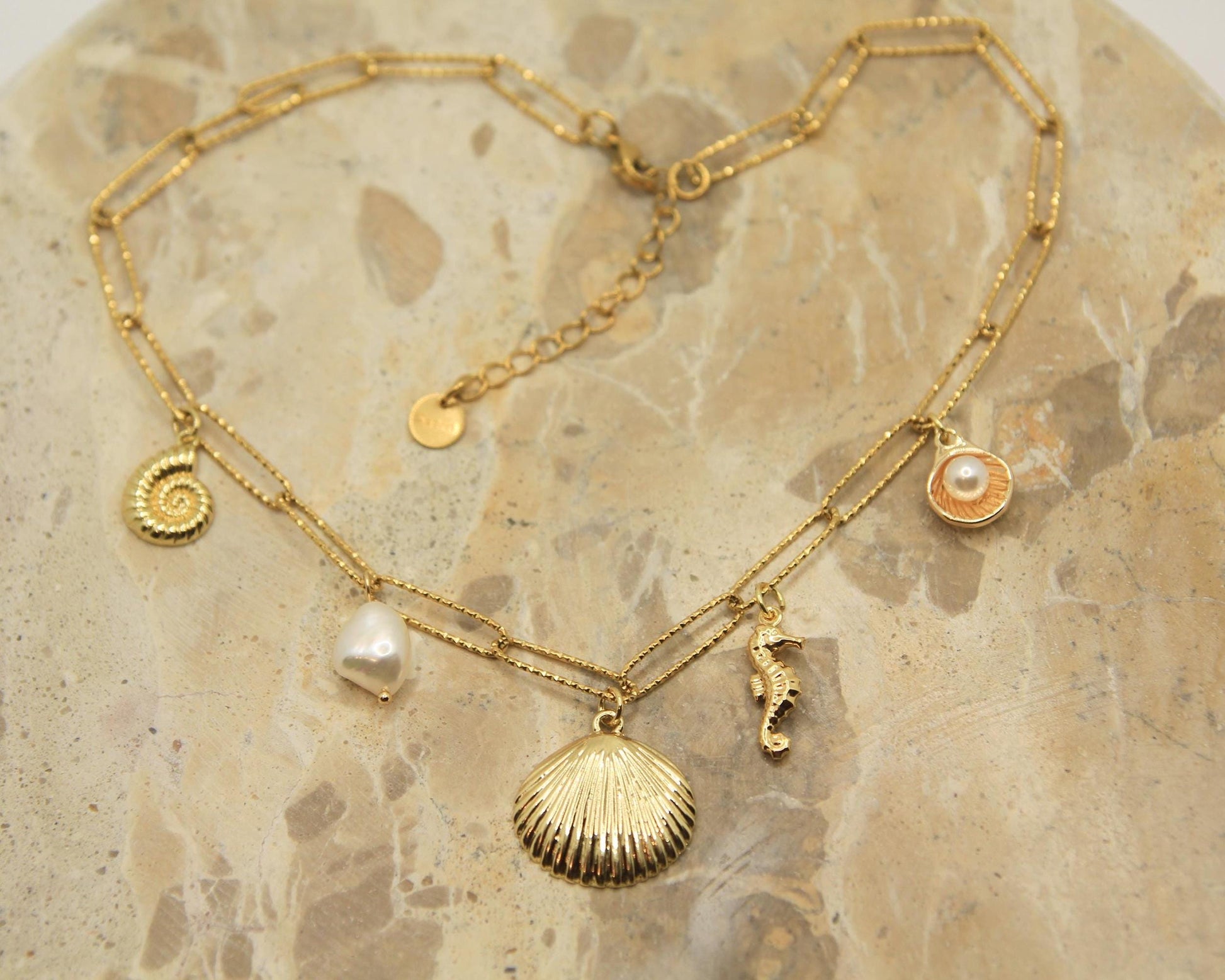 Shell Charm Necklace | Gold Plated Seashell Pearl Seahorse | Beach Jewellery | Ocean Lover Gift