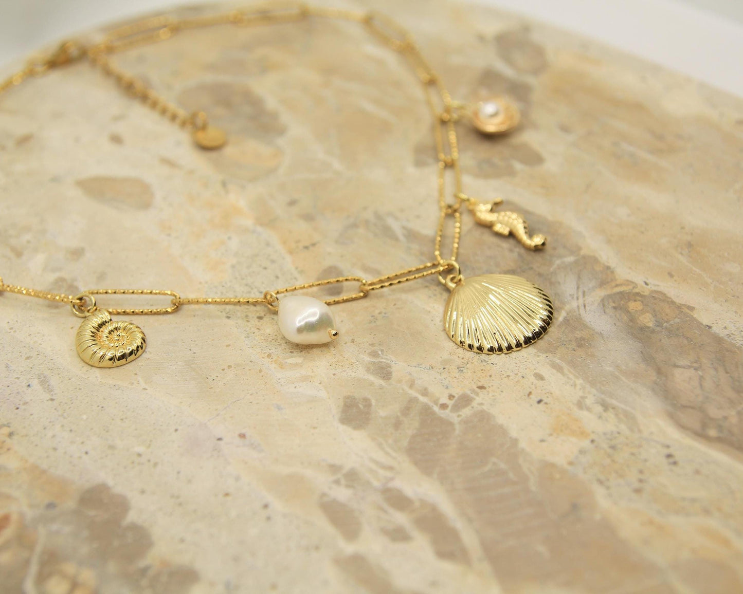Shell Charm Necklace | Gold Plated Seashell Pearl Seahorse | Beach Jewellery | Ocean Lover Gift