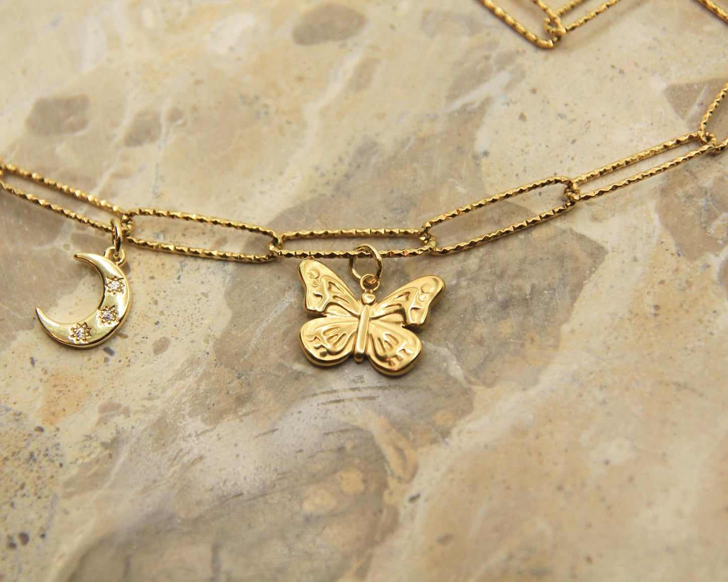 Charm Necklace | Gold Plated | Berry Moon Ribbon Butterfly Heart | Whimsical Vintage Jewellery