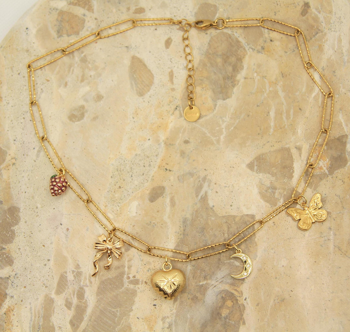 Charm Necklace | Gold Plated | Berry Moon Ribbon Butterfly Heart | Whimsical Vintage Jewellery