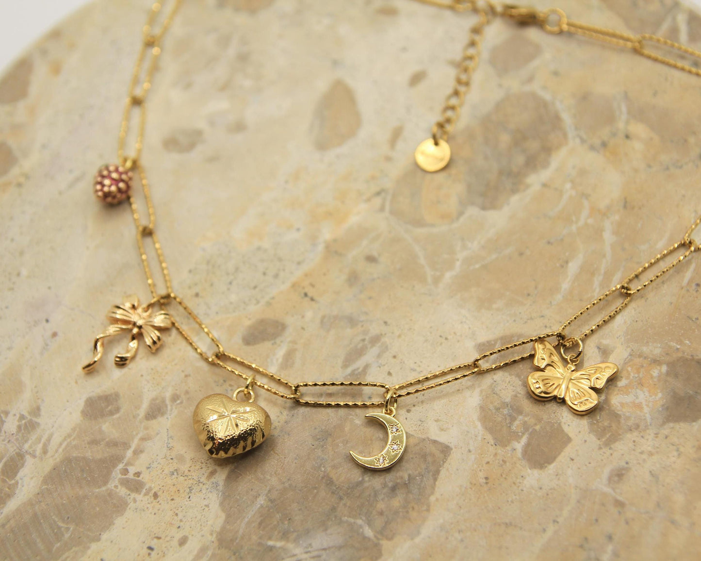 Charm Necklace | Gold Plated | Berry Moon Ribbon Butterfly Heart | Whimsical Vintage Jewellery