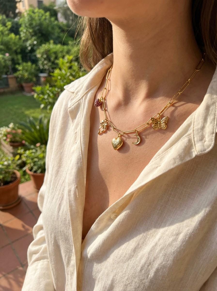 Charm Necklace | Gold Plated | Berry Moon Ribbon Butterfly Heart | Whimsical Vintage Jewellery