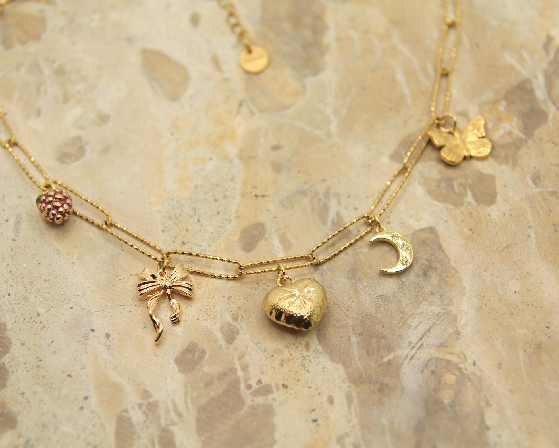 Charm Necklace | Gold Plated | Berry Moon Ribbon Butterfly Heart | Whimsical Vintage Jewellery