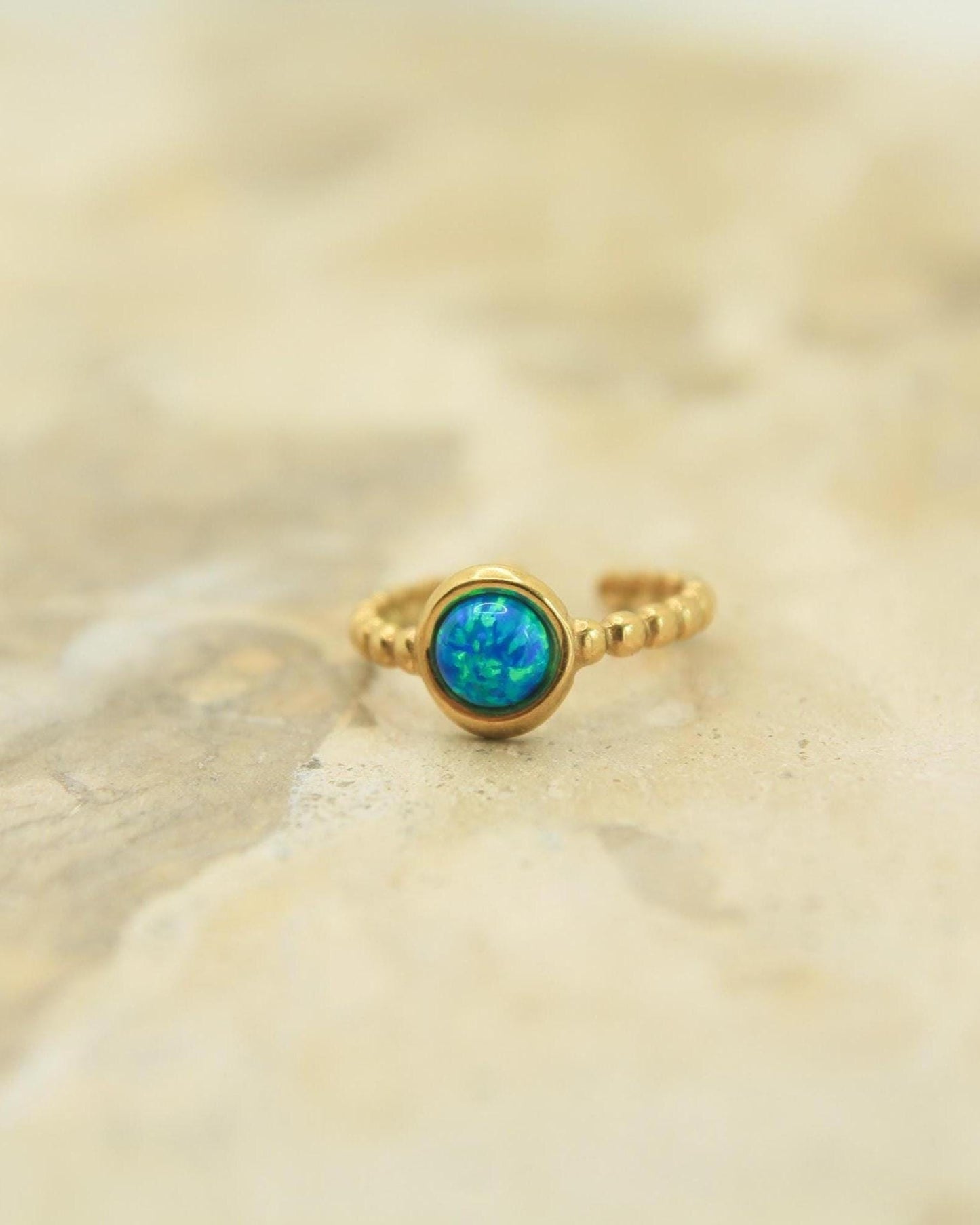 Blue Opal Ring • Gold Beaded Band • Adjustable Stacking Ring • Waterproof Stainless Steel