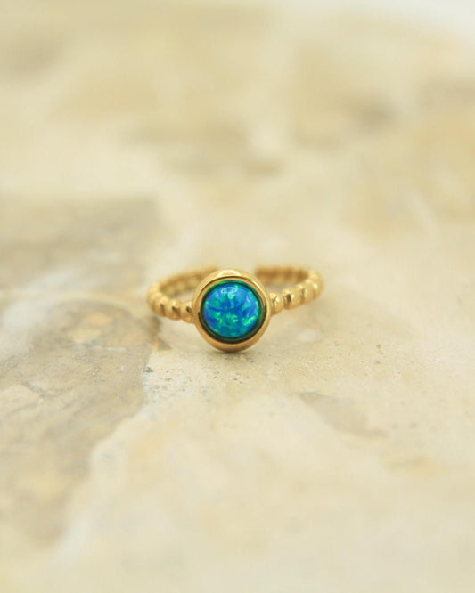 Blue Opal Ring • Gold Beaded Band • Adjustable Stacking Ring • Waterproof Stainless Steel