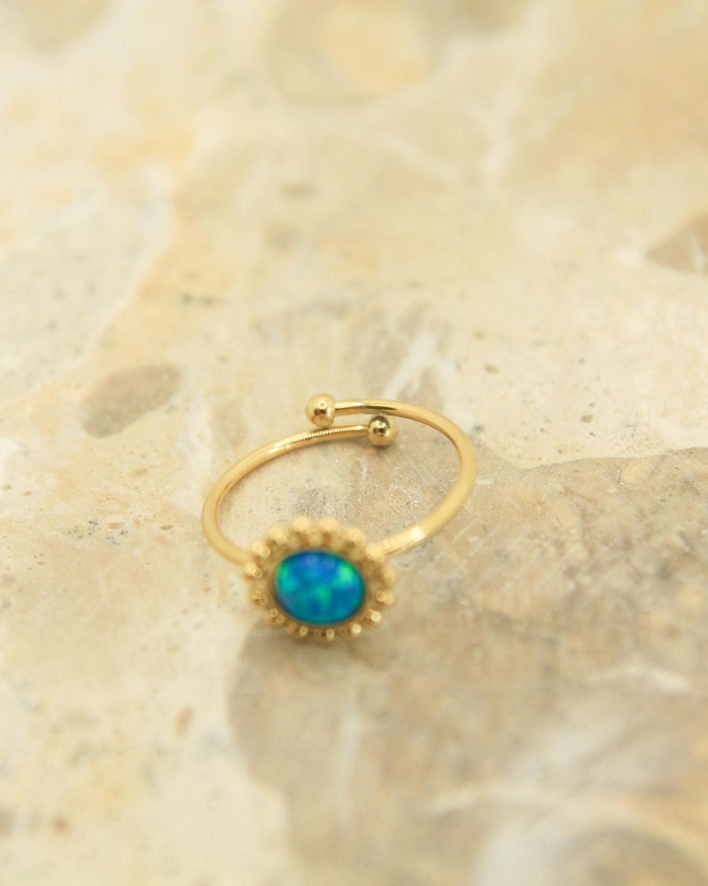 Blue Opal Milgrain Ring • Gold or Silver • Adjustable Stainless Steel • Beaded Halo Opal Ring • Gift for Her