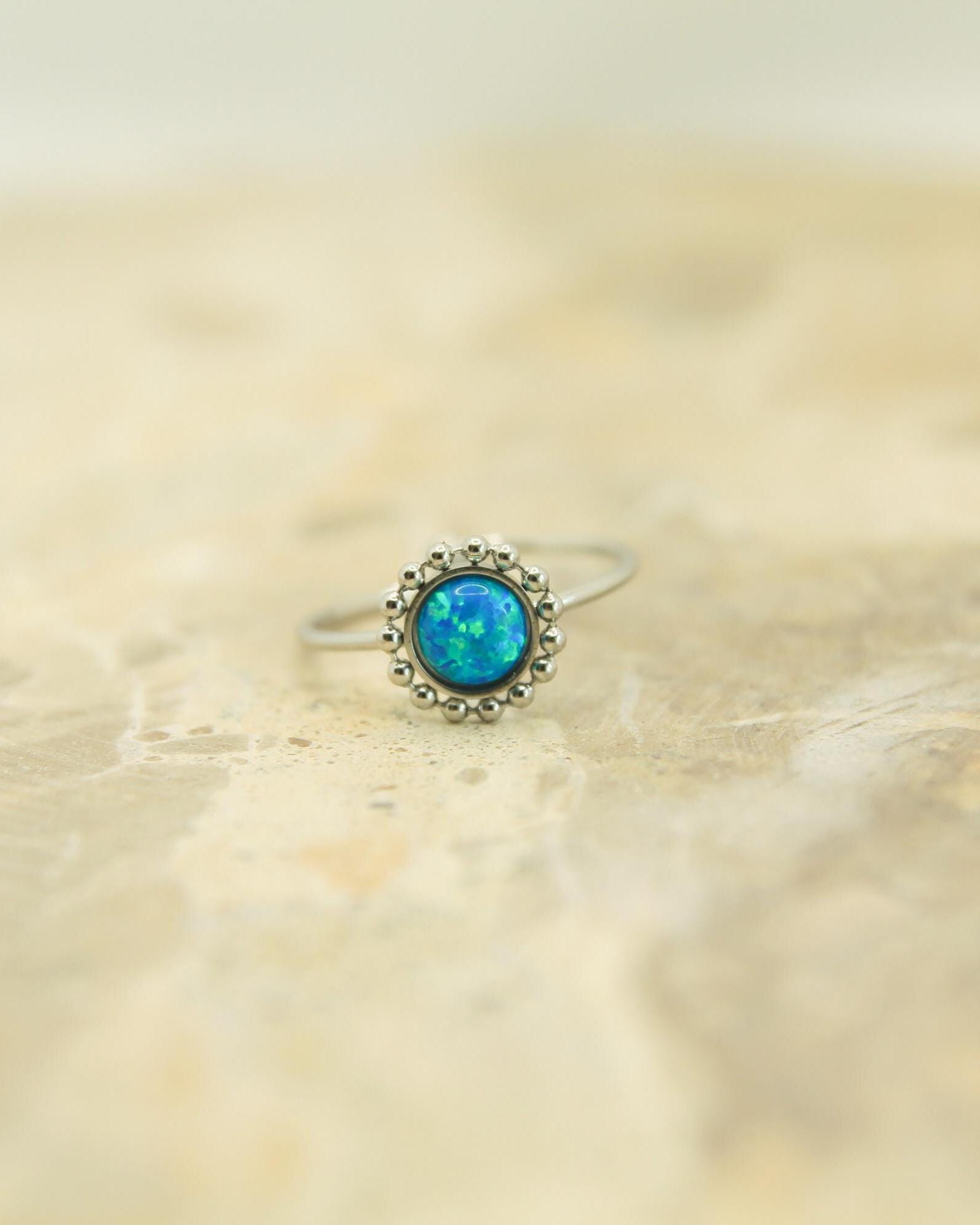 Blue Opal Milgrain Ring • Gold or Silver • Adjustable Stainless Steel • Beaded Halo Opal Ring • Gift for Her