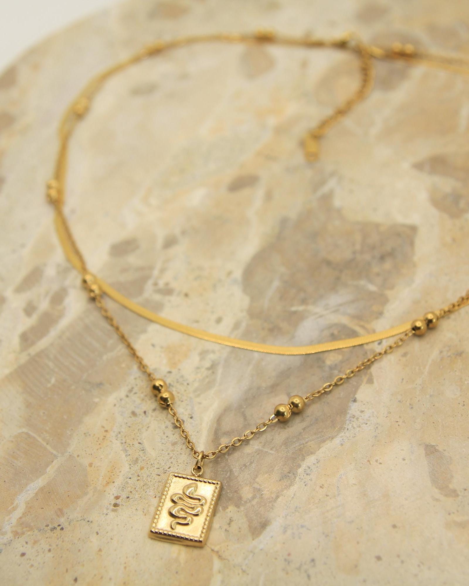 Gold Snake Charm Layered Necklace • Herringbone & Satellite Chain • Waterproof Stainless Steel • Hypoallergenic