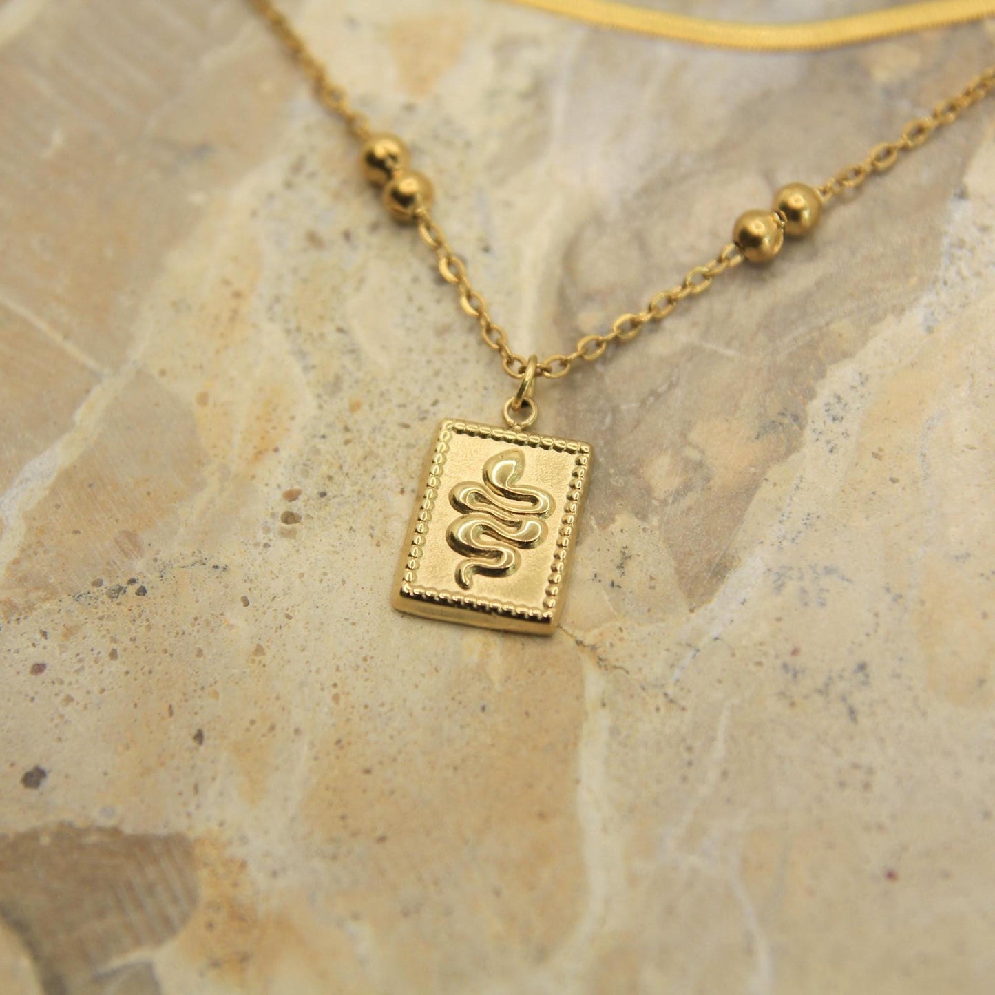 Gold Snake Charm Layered Necklace • Herringbone & Satellite Chain • Waterproof Stainless Steel • Hypoallergenic