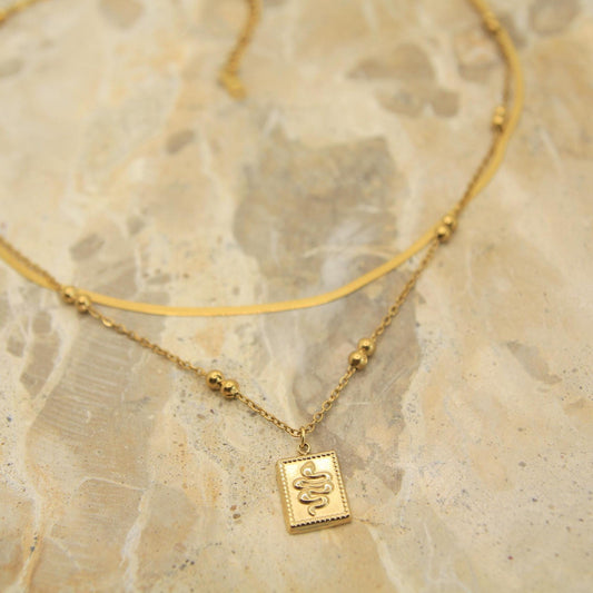 Gold Snake Charm Layered Necklace • Herringbone & Satellite Chain • Waterproof Stainless Steel • Hypoallergenic