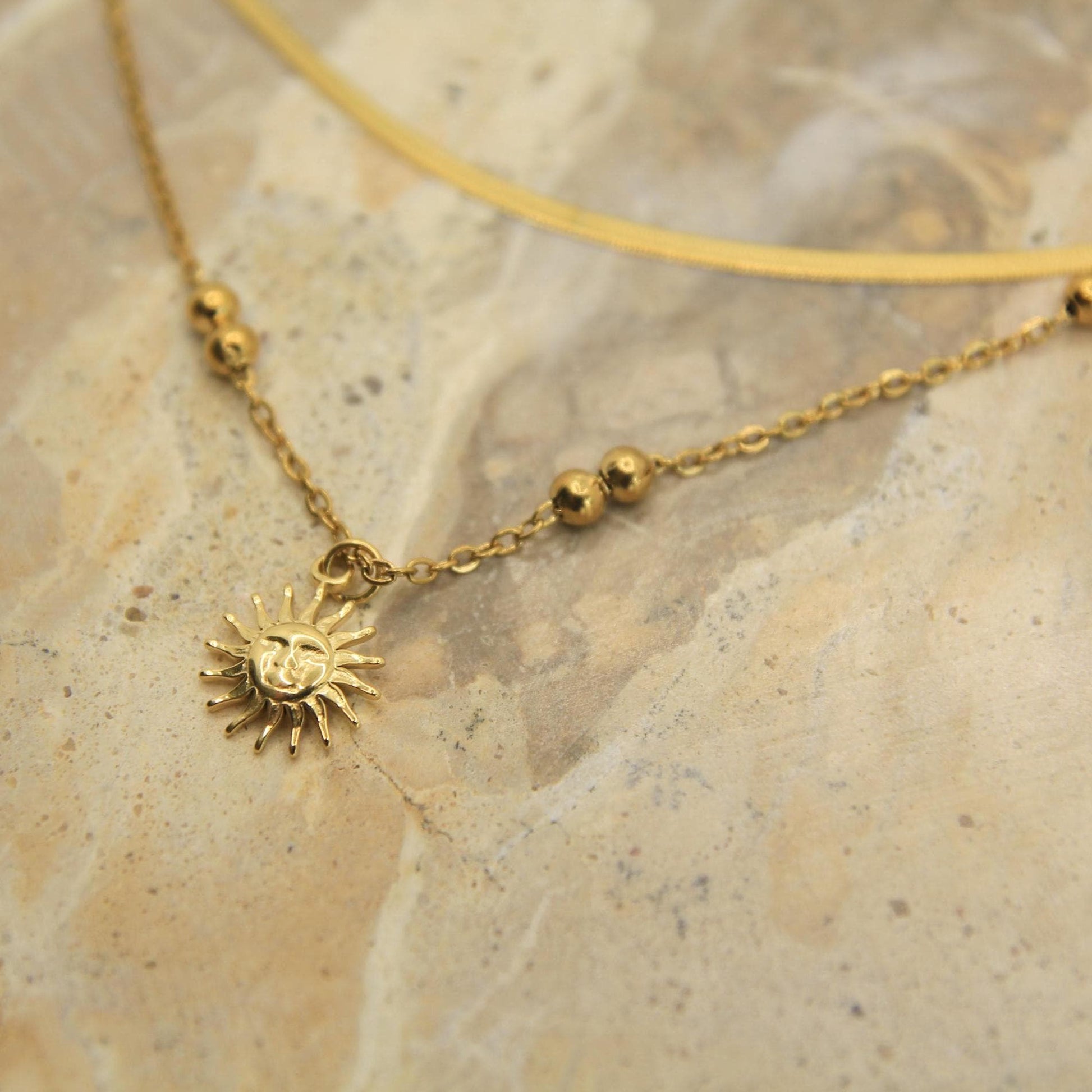 Gold Sun Charm Necklace • Herringbone & Satellite Chain • Waterproof Stainless Steel • Layered Gold Necklace • Hypoallergenic