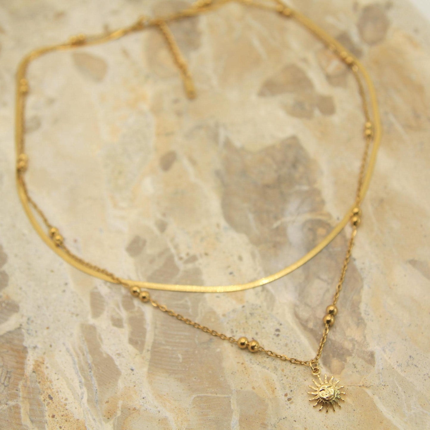 Gold Sun Charm Necklace • Herringbone & Satellite Chain • Waterproof Stainless Steel • Layered Gold Necklace • Hypoallergenic