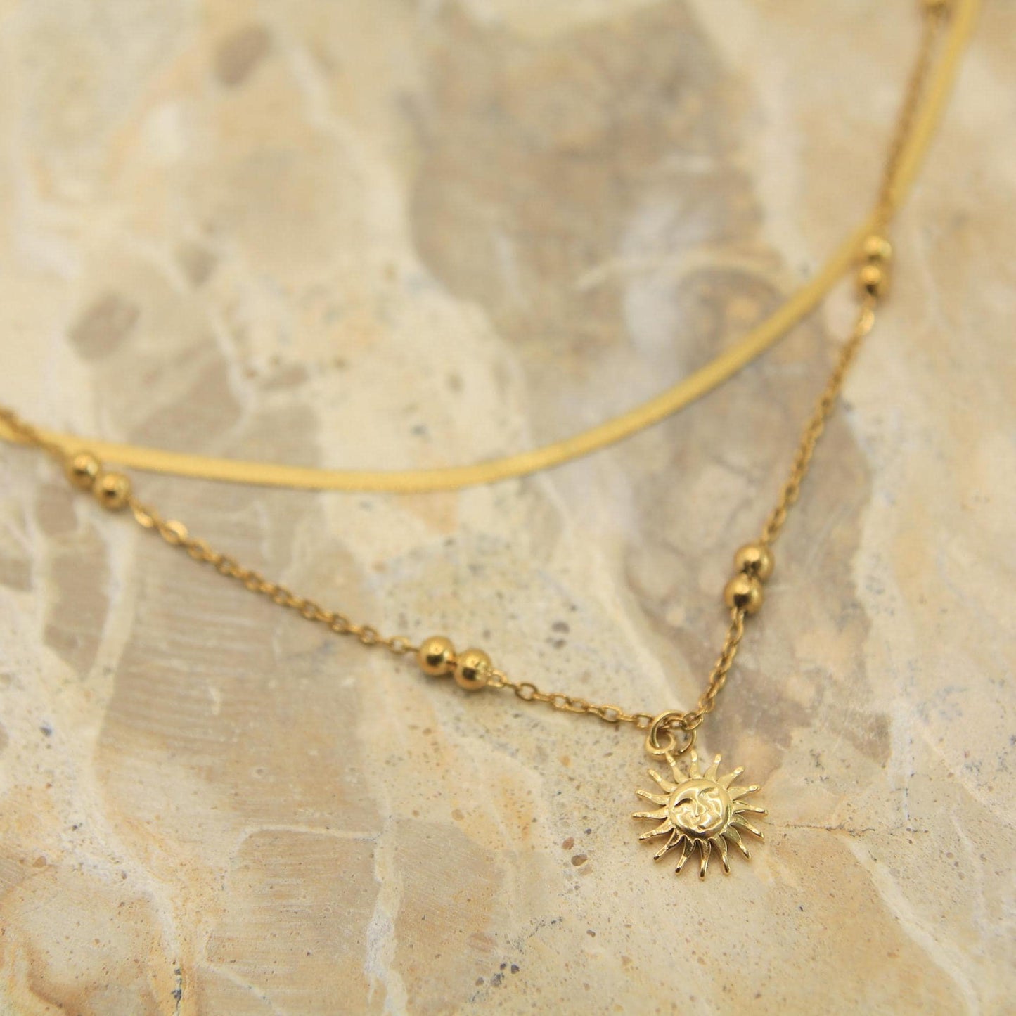 Gold Sun Charm Necklace • Herringbone & Satellite Chain • Waterproof Stainless Steel • Layered Gold Necklace • Hypoallergenic