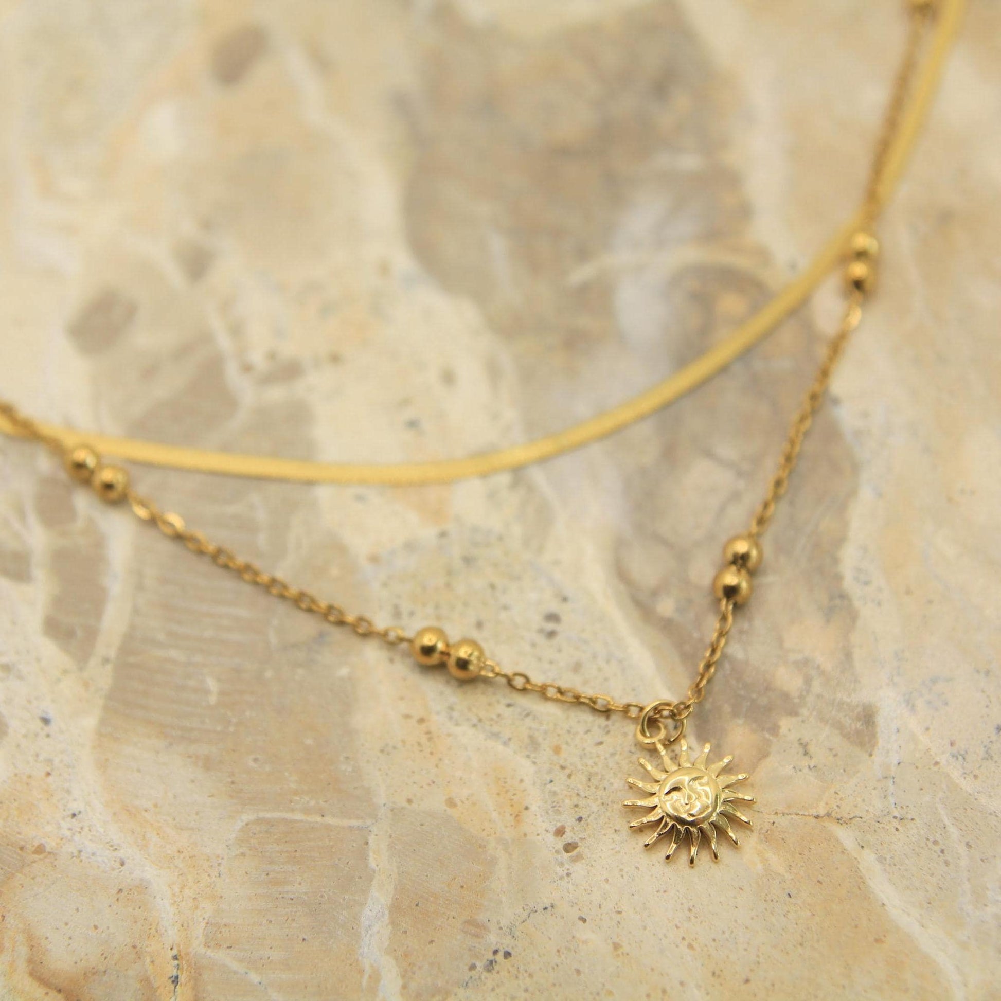 Gold Sun Charm Necklace • Herringbone & Satellite Chain • Waterproof Stainless Steel • Layered Gold Necklace • Hypoallergenic