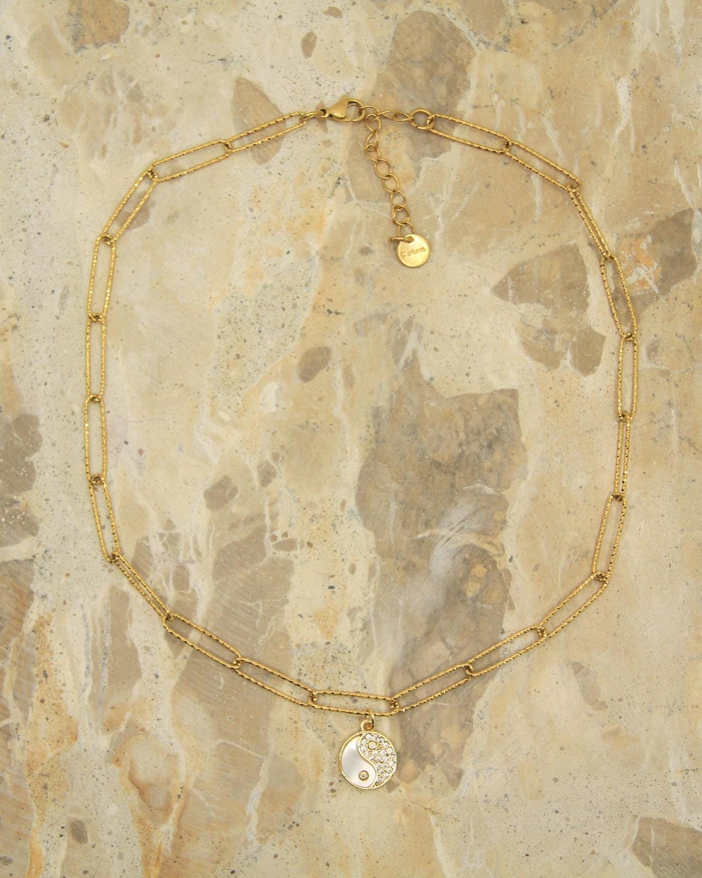 Gold Yin Yang Necklace • Shell & Crystal Charm • Textured Sparkle Chain
