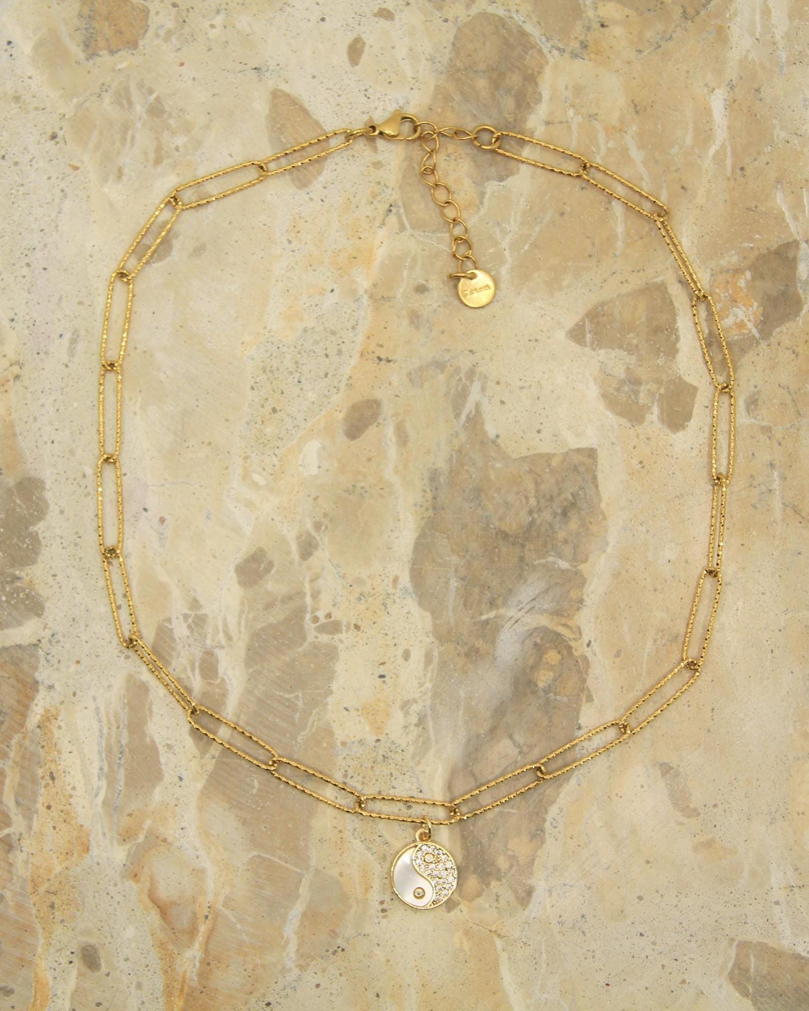 Gold Yin Yang Necklace • Shell & Crystal Charm • Textured Sparkle Chain